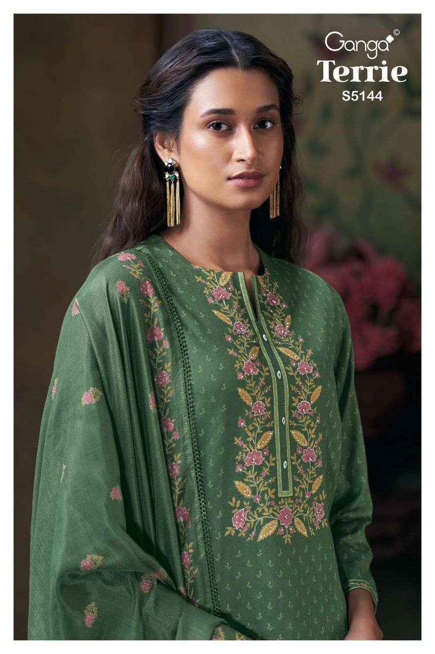 GANGA FASHION TERRIE 5144 COLORS COTTON SATIN PRINT EMBROIDERY SUIT WHOLESALER 