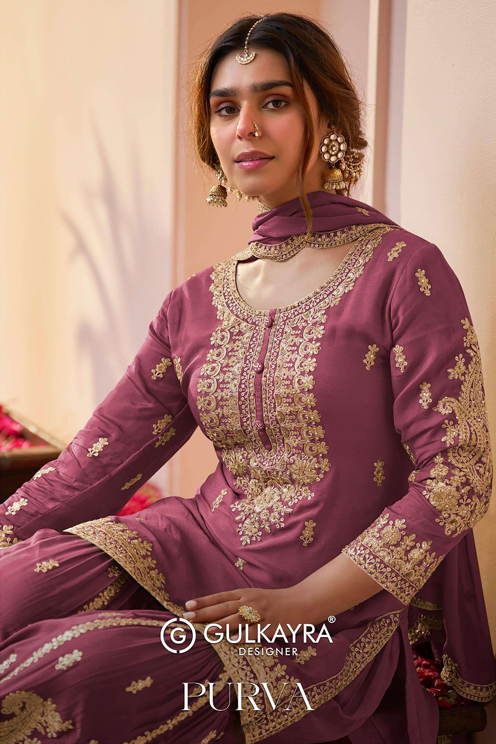 GULKAYRA DESIGNER PURVA CHINON SILK EMBROIDERD READYMADE SALWER KAMEEZ BEST RATE DEALER 