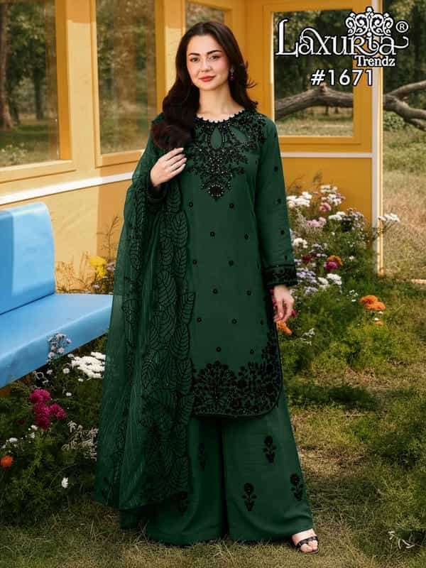 LAXURIA TRENDZ 1671 COLORS MAL GLASS WITH FANCY WORK READYMADE PAKISTANI SUIT WHOLESALER 