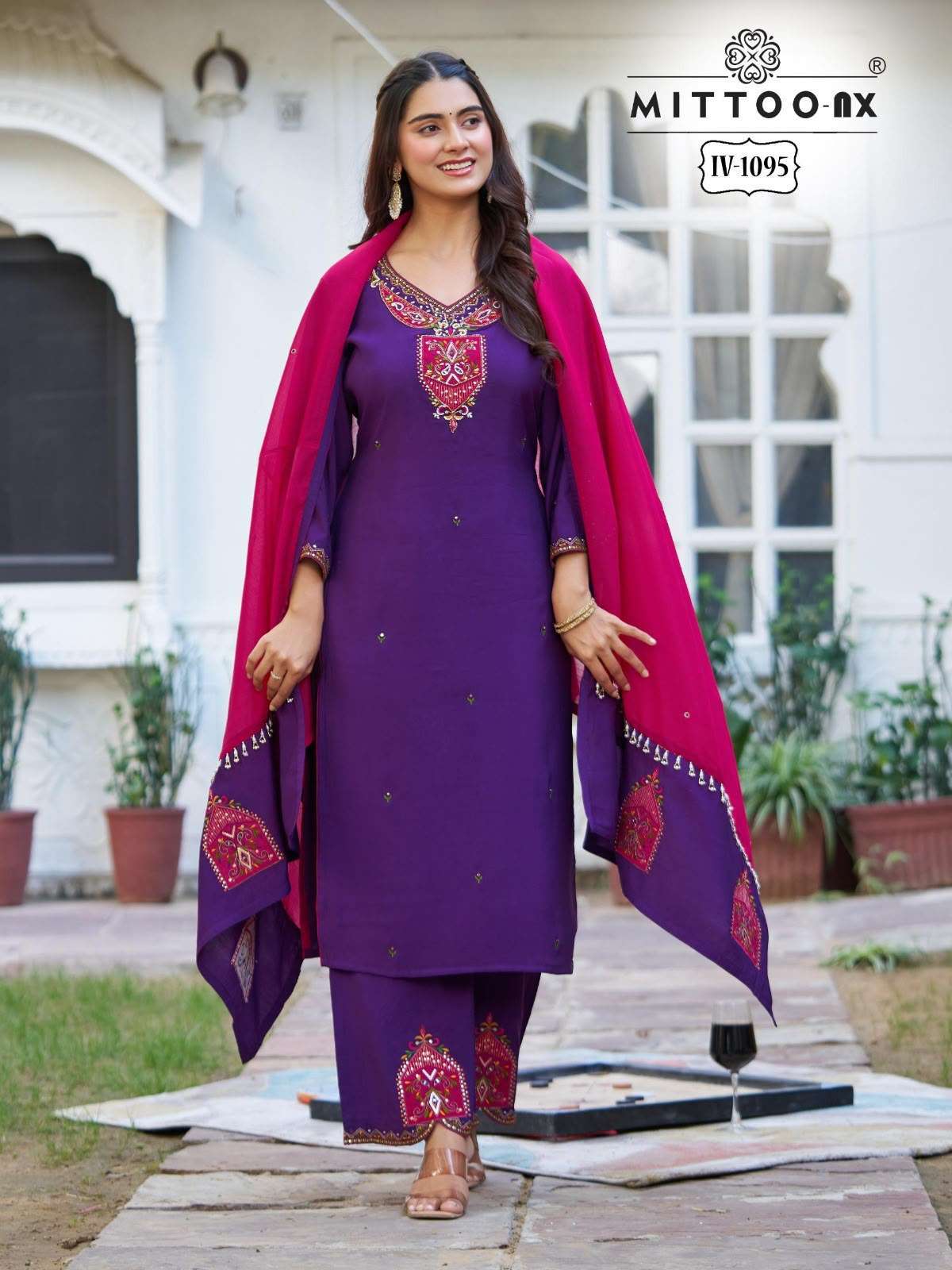 MITTOO NX 1095 TO 1096 ROMAN SILK HEAVY WORK READYMADE 3 PCS SET WHOLESALER 