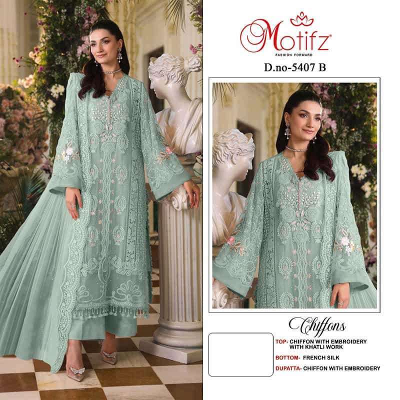 MOTIFZ 5407 COLORS FANCY EMBROIDERED CHIFFON SALWER KAMEEZ BEST RATE DEALER 