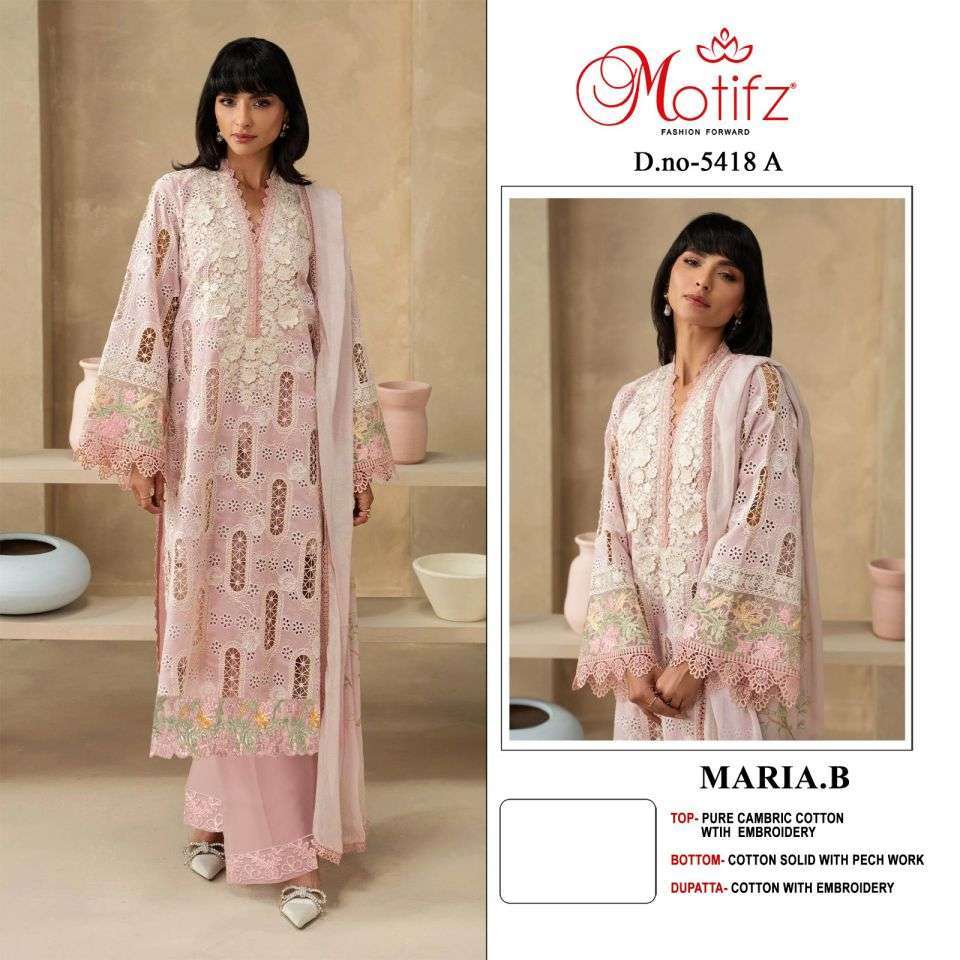 MOTIFZ MARIA B 5418 FANCY EMBROIDERED CAMBRIC COTTON READYMADE 3 PCS SET WHOLESALER 