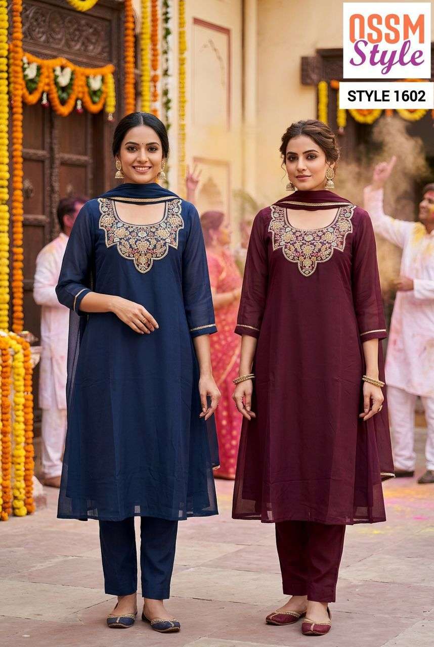OSSM STYLE 1601 TO 1603 COLORS VISCOSE MAL CHANDERI READYMADE 3 PCS SET WHOLESALER 