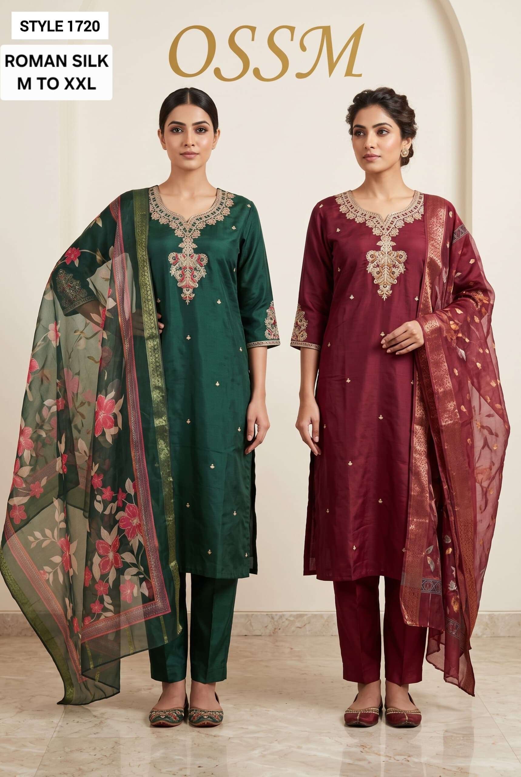OSSM STYLE 1718 TO 1721 COLORS VISCOSE ROMAN SILK EMBROIDERED SALWER KAMEEZ BEST RATE 
