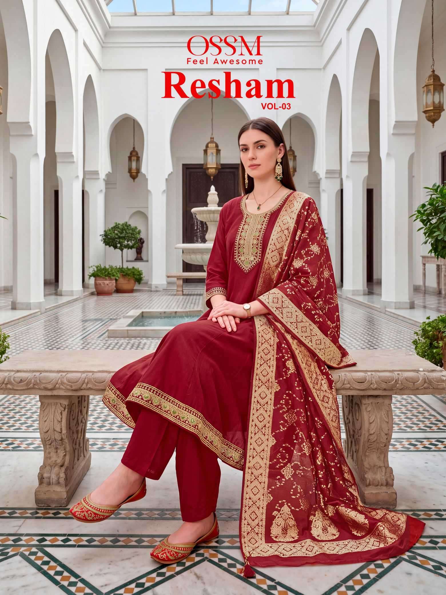 OSSM STYLE RESHAM VOL 3 VISCOSE ROMAN SILK EMBROIDERD READYMADE 3 PCS SET WHOLESALER 