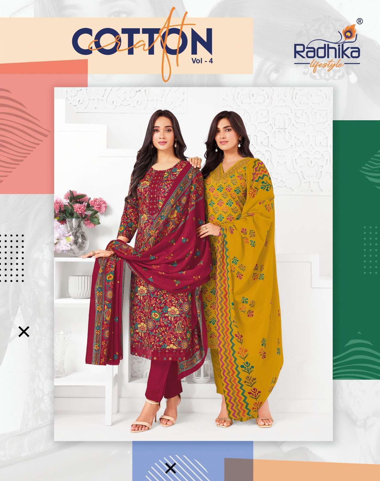 RADHIKA LIFESTYLE COTTON CRAFT VOL 4 KURTI PANT WITH DUPATTA SET WHOLESALER 2026