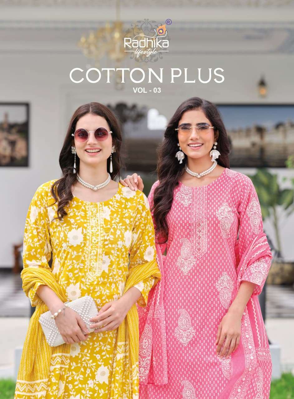 RADHIKA LIFESTYLE COTTON PLUS VOL 3 COTTON KURTI PANT DUPATTA SET EXPORTERS 