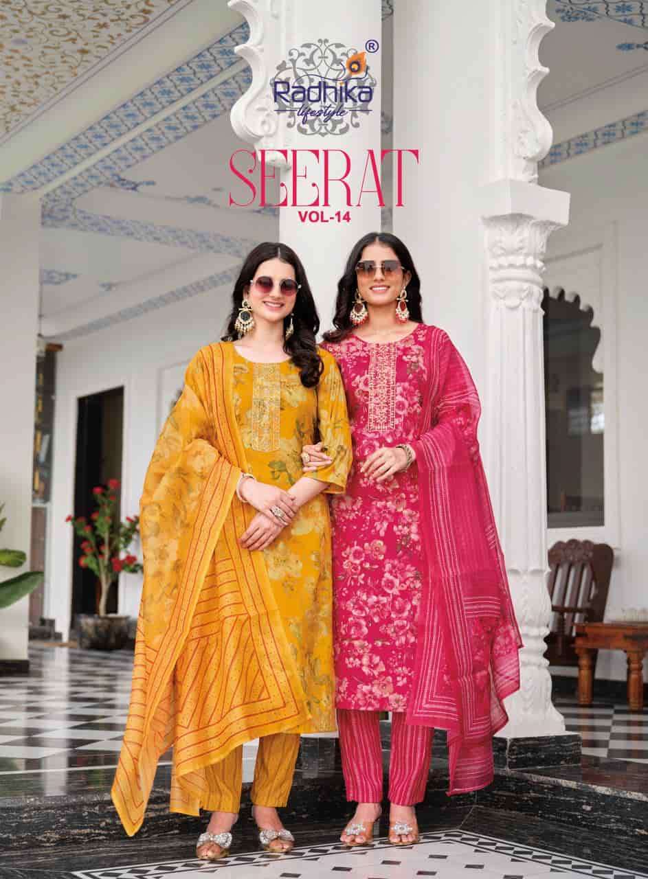 RADHIKA LIFESTYLE SEERAT VOL 14 RAYON FANCY KURTA PANT WITH DUPATTA SET COLLECTION 