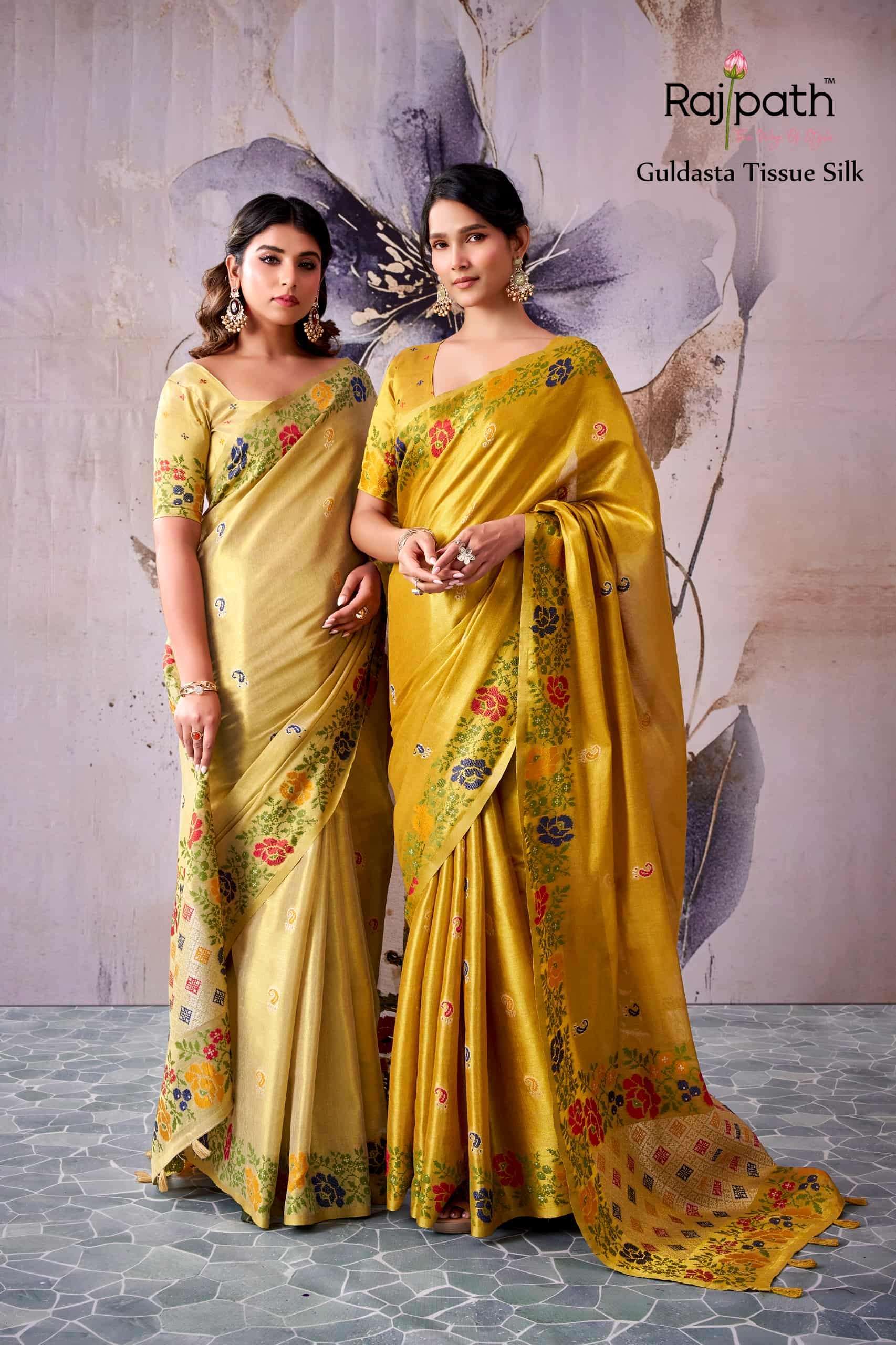 RAJPATH GULDASTA PARTY WEAR TISSUE SILK SAREE WHOLESALER BEST RATE DEALER 