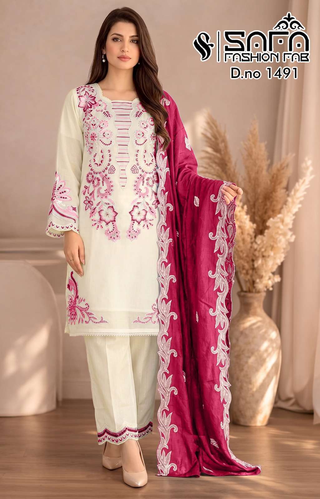SAFA FASHION FAB 1491 SOFT COTTON FANCY WORK READYMADE 3 PCS SET WHOLESALER 