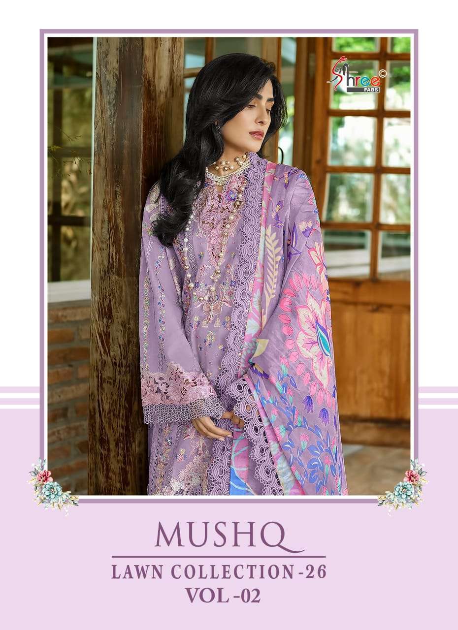 SHREE FAB MUSHQ LAWN COLLECTION 26 VOL 2 PURE COTTON SELF EMBROIDERY SUIT WHOLESALER BEST RATE 