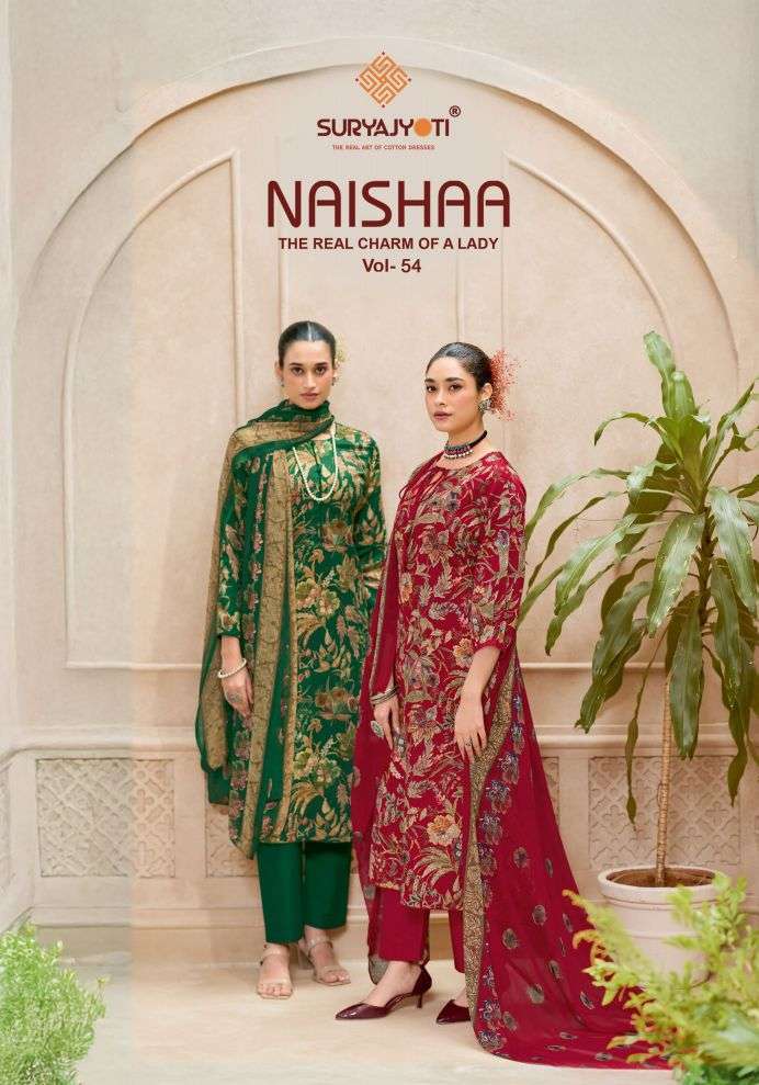 SURYAJYOTI NAISHAA VOL 54 JAAM SATIN PRINTED SUIT WHOLESALER 