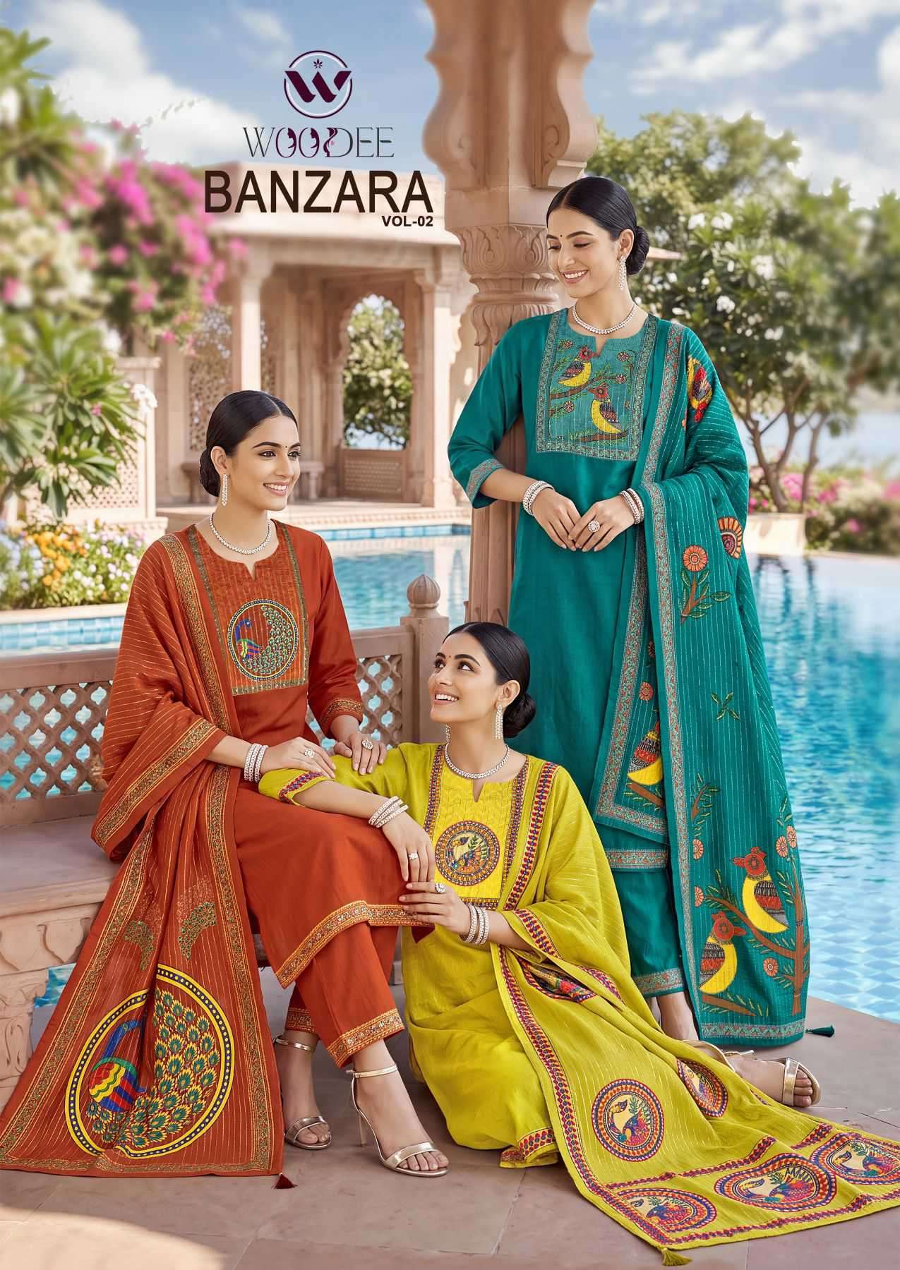WOODEE BANZARA VOL 2 PREMIUM DESIGNER KURTI PANT WITH DUPATTA SET WHOLESALER 