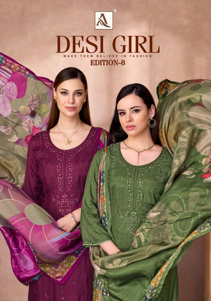 ALOK SUIT DESI GIRL VOL 8 VISCOSE MUSLIN EMBROIDERED SALWER KAMEEZ 