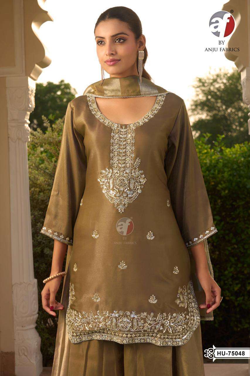 Anju Fabric D No 75048 Pure Shimmer With Heavy Embroidery Work And Handwork Designer Readymade Suit Catalogue Wholesale Collection