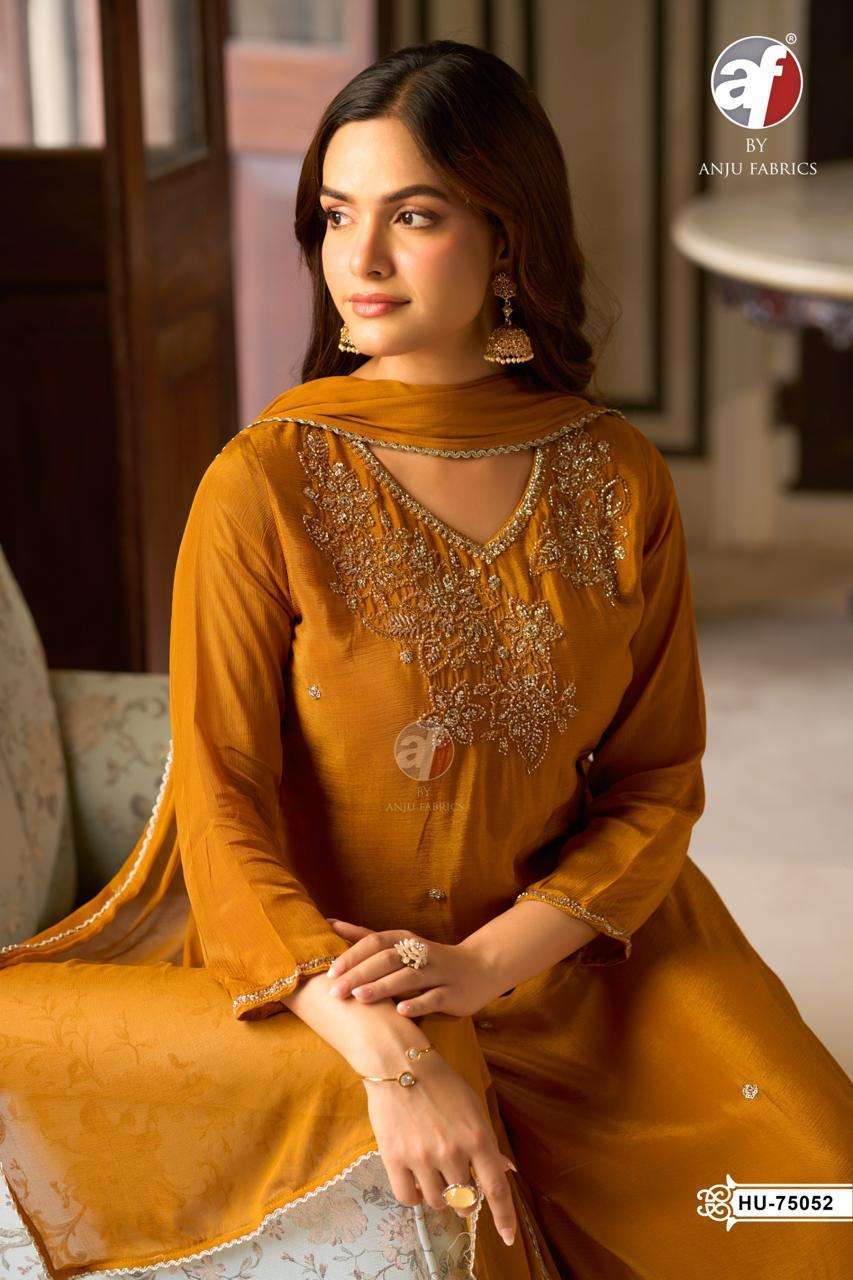 Anju Fabric D No 75052 Pure Chinon With Heavy Embroidery Work And Handwork Designer Readymade 3 Pcs Suit Catalogue Wholesale Collection