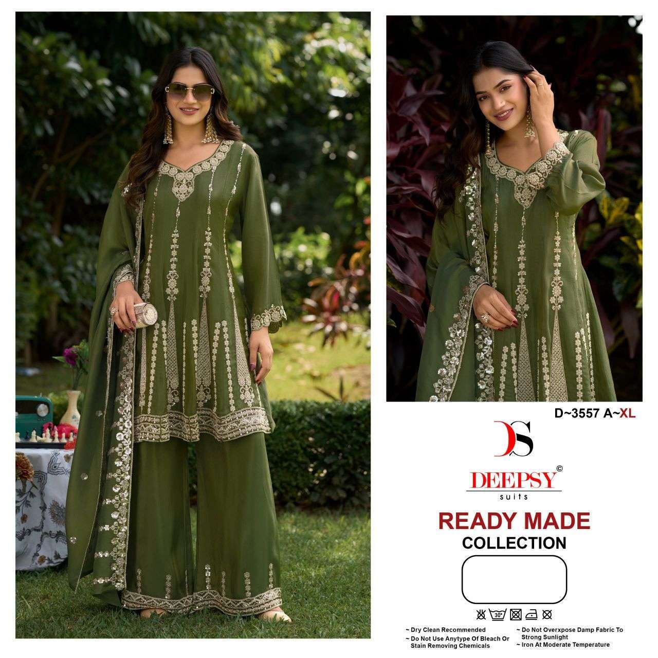 DEEPS SUIT 3557 COLORS TISSUE SILK WITH WORK READYMADE 3 PCS SET EXPORTERS 
