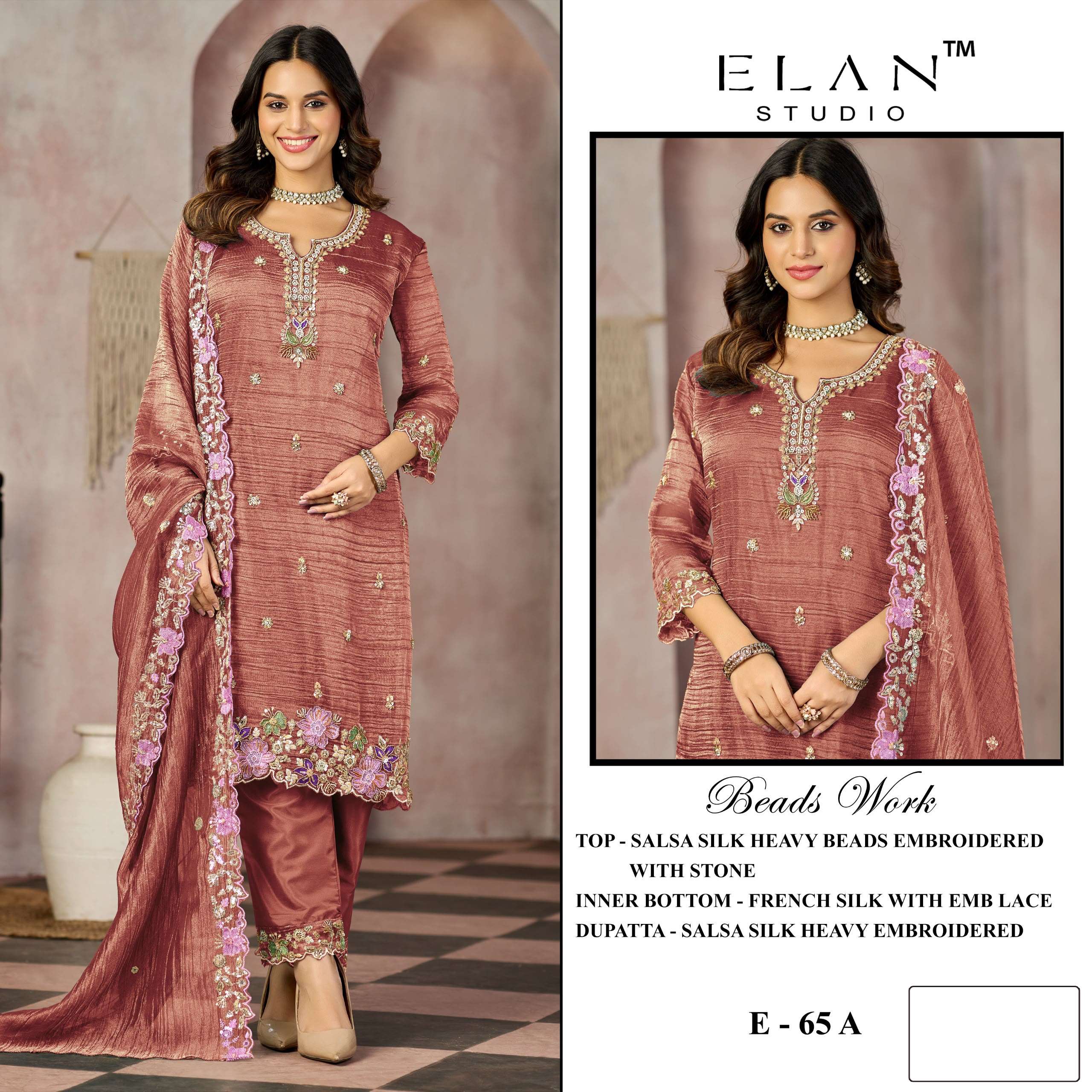 Elan Studio E-65 Beads Work Heavy Handwork Designer Pakistani Readymade Suit Catalogue Wholesale Collection
