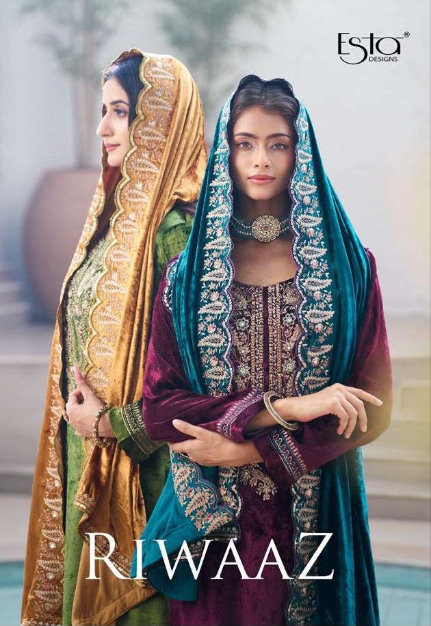 Esta Designs Riwaaz Pure Silk Velvet Fancy Cord Kashmiri Embroidery Winter Designer Pakistani Suit Catalogue Wholesale Collection