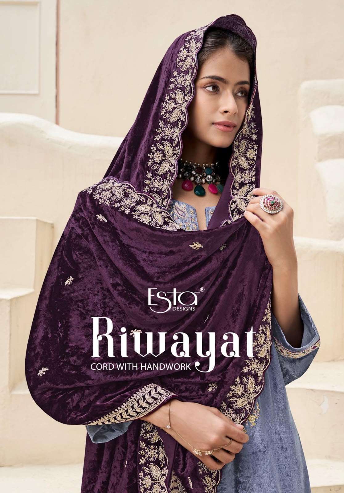 Esta Designs Riwayat Pure Silk Velvet Fancy Cord Handwork Kashmiri Embroidery Winter Designer Pakistani Suit Catalogue Wholesale Collection
