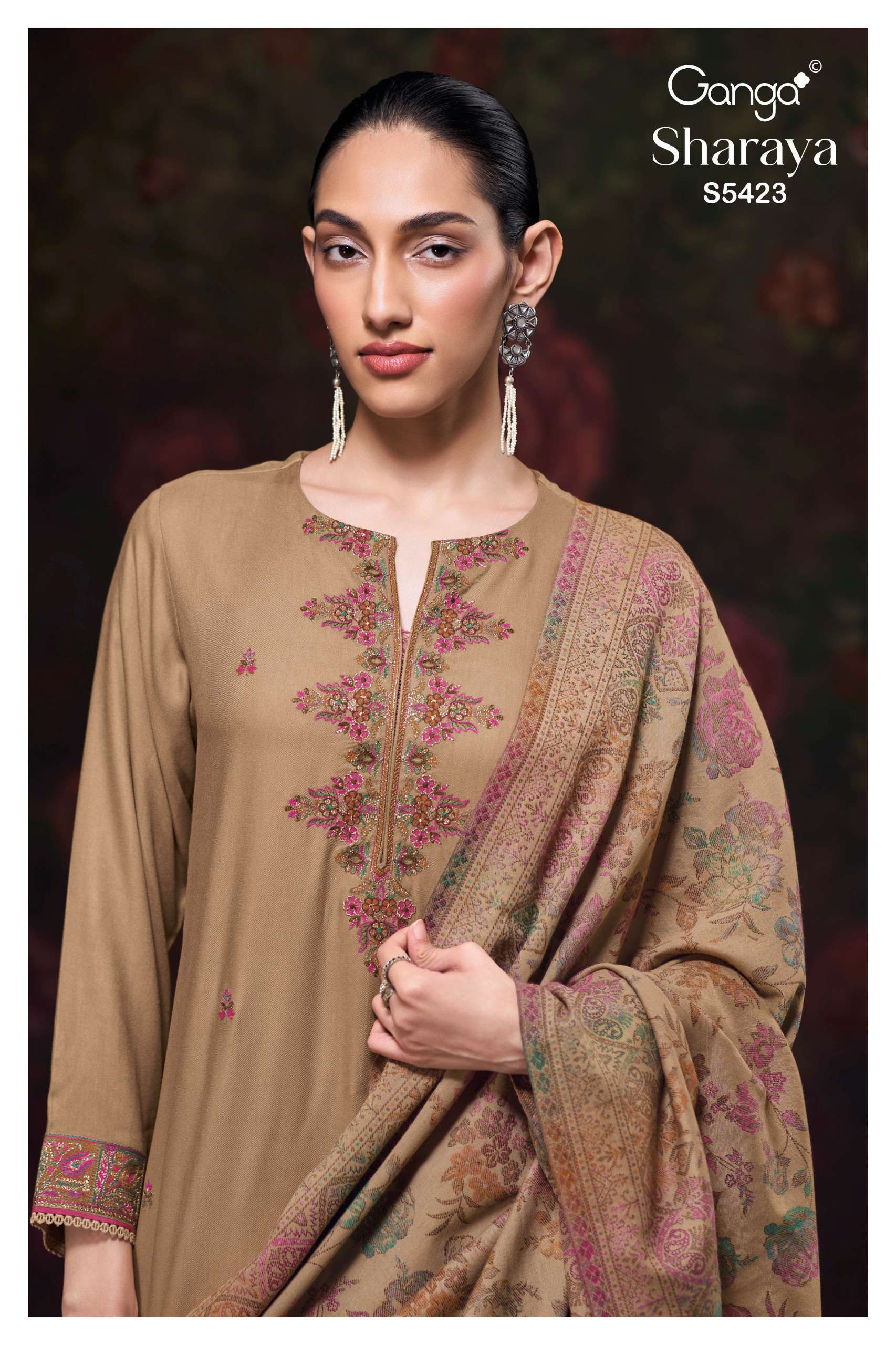 Ganga Fashion Sharaya 5423 Pure Pashmina Winter Suit Wholesale Catalogue