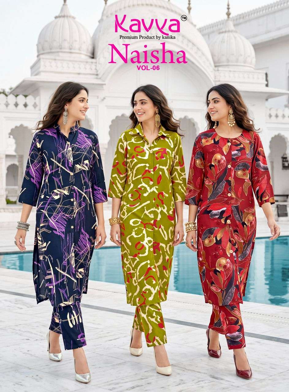Kavya Naisha Vol 6 Rayon Co-Ord Set Designer Catalogue Wholesale Collection