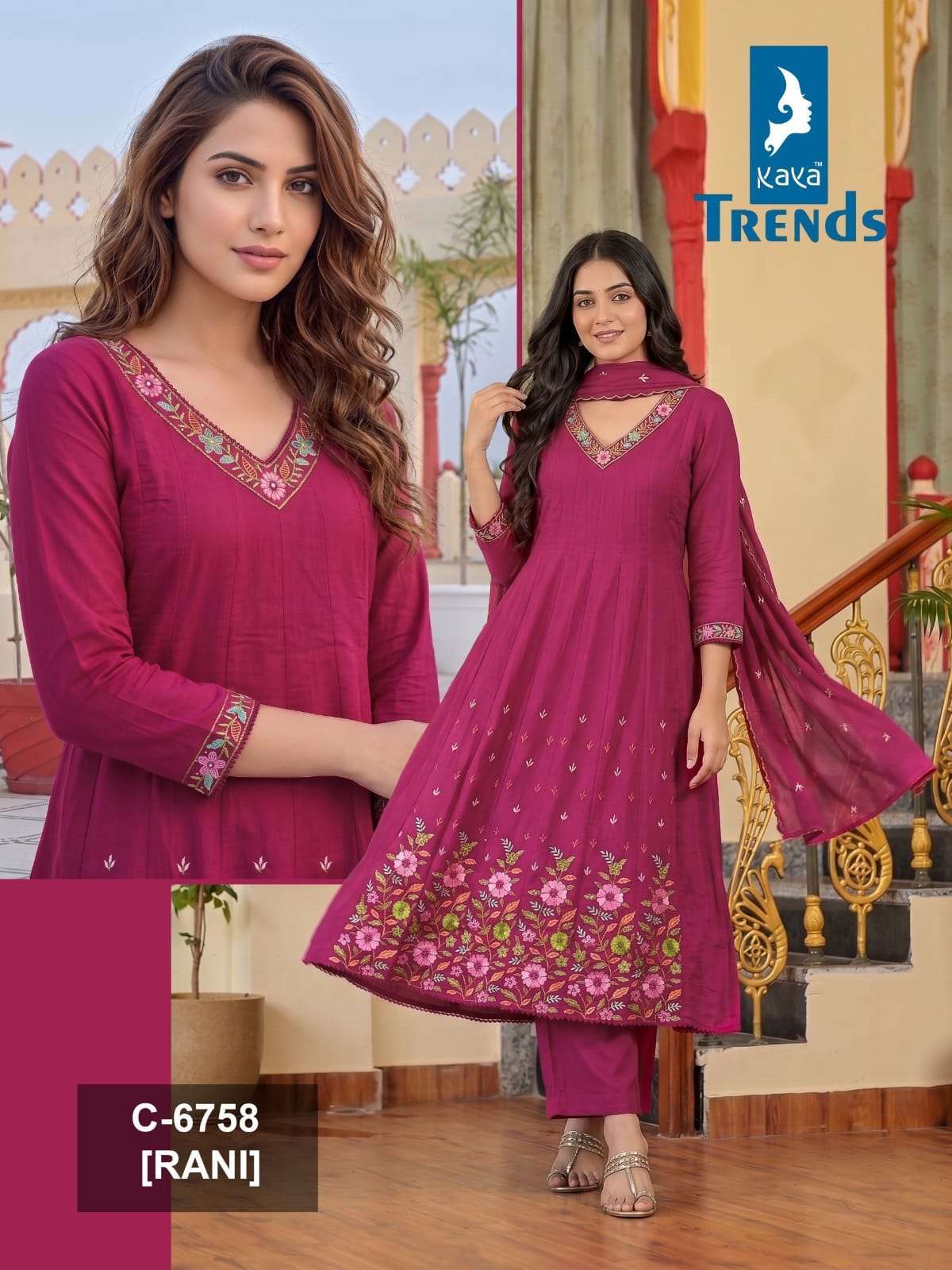 KAYA 6758 MAL CHANDERI EMBROIDERED ANARKALI READYMADE 3 PIECE WHOLESALER 