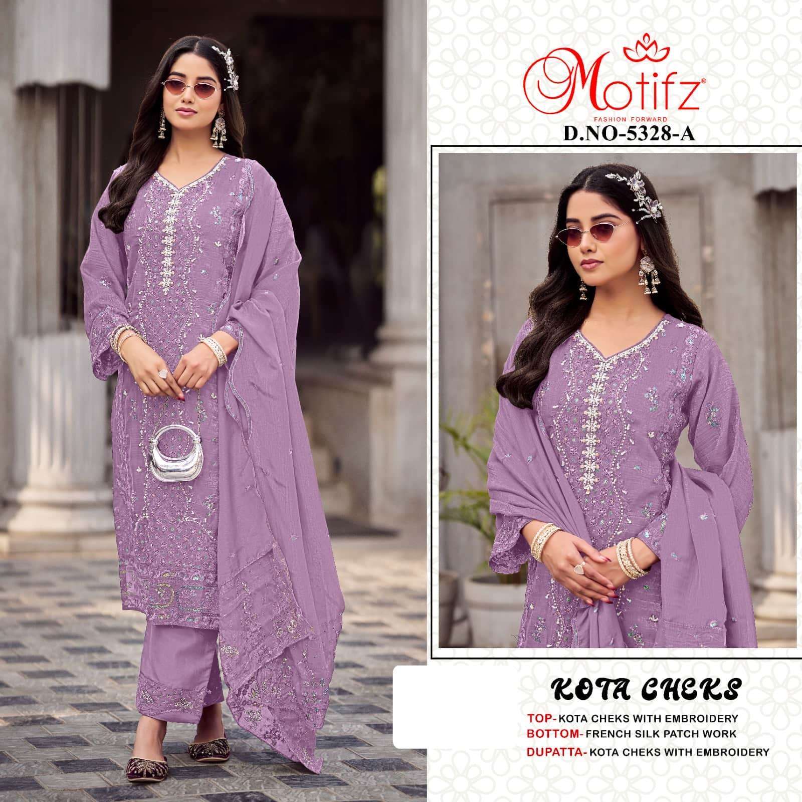 Motifz 5328 A To D Series Pure Kota Checks Embroidery Pakistani Replica Suits Wholesale Surat