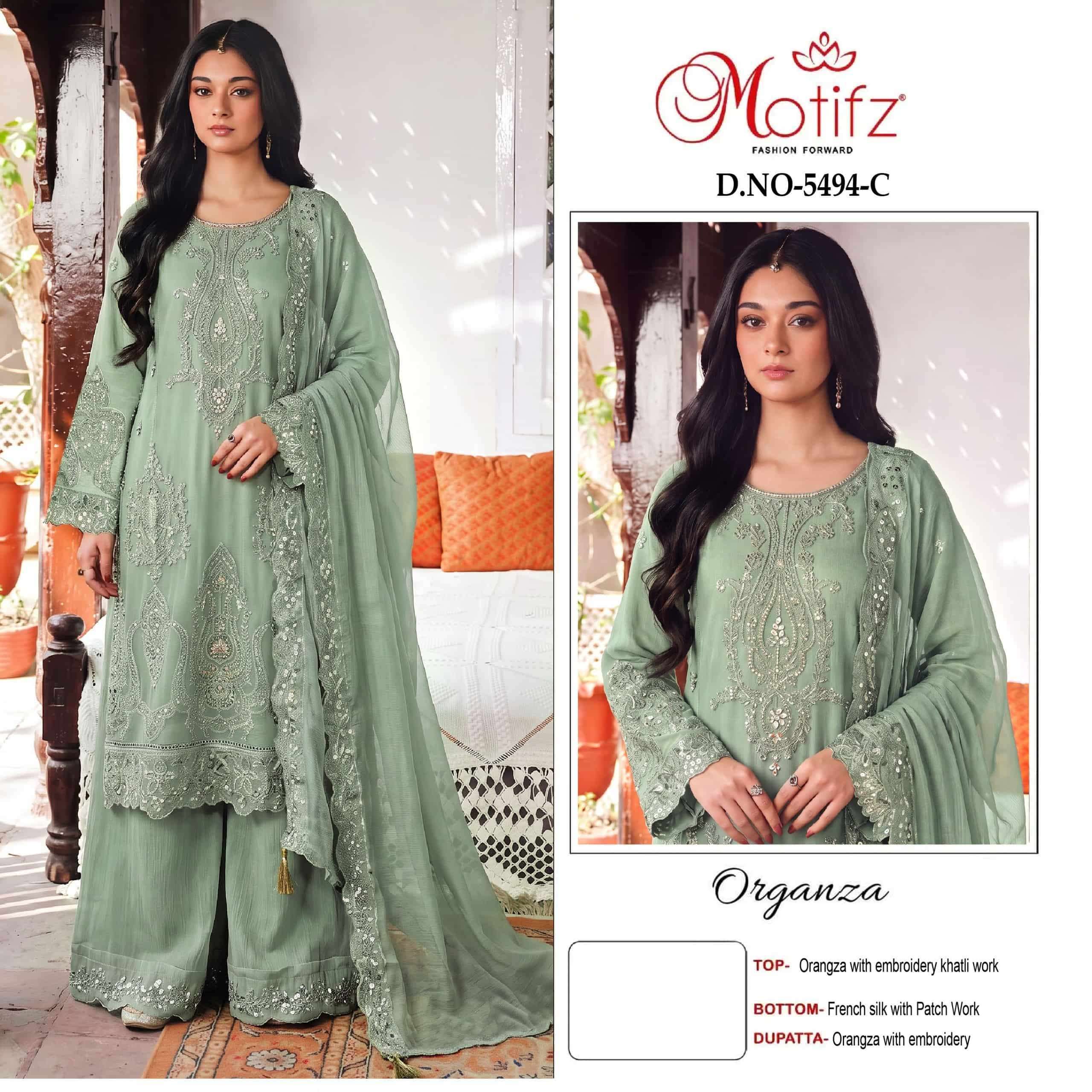Motifz 5494 A To D Pure Organza Heavy Embroidery With Khatli Handwork Pakistani Replica Suits Wholesale @ 1360