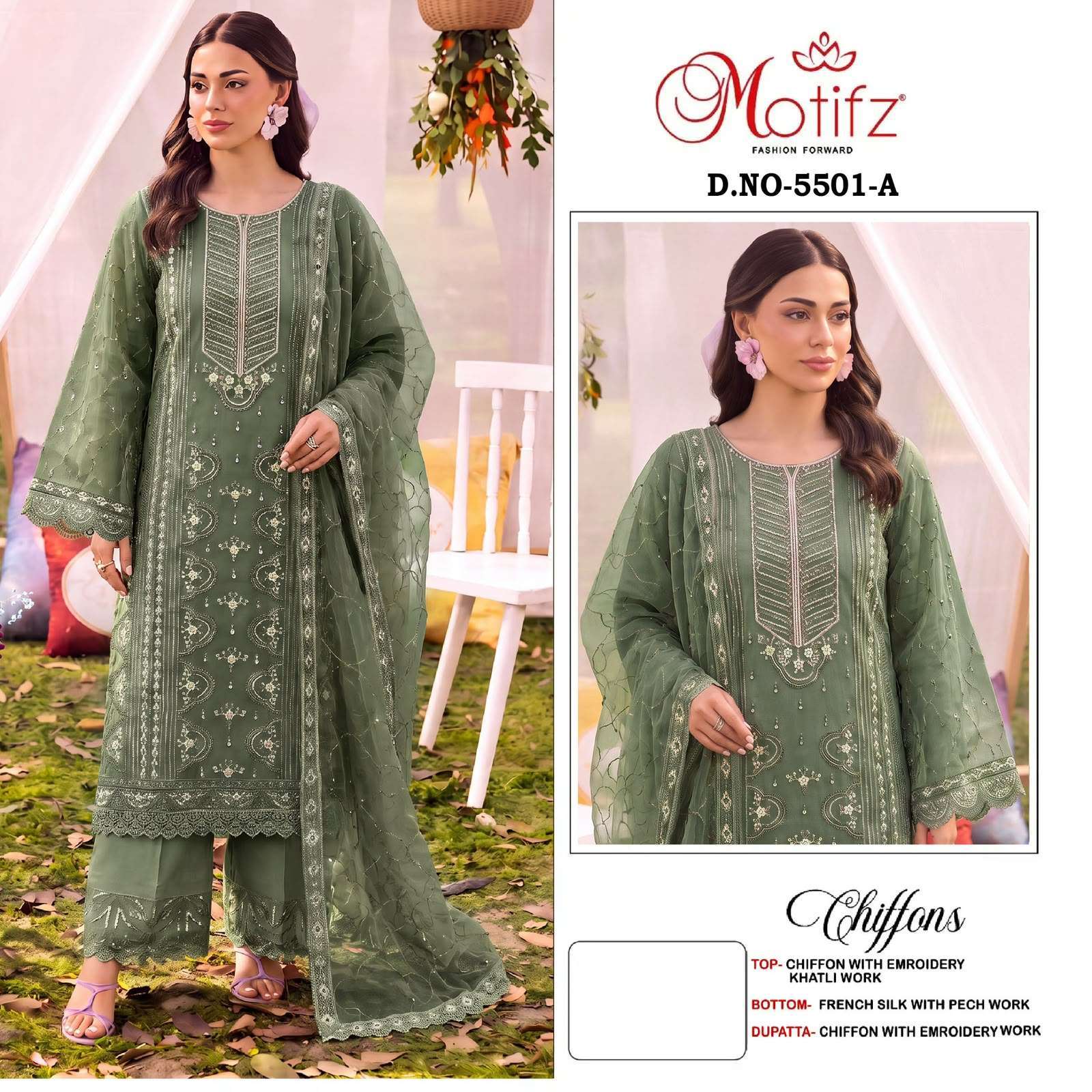 MOTIFZ 5501 COLORS PAKISTANI CHIFFON EMBROIDERY SUIT WHOLESALER 