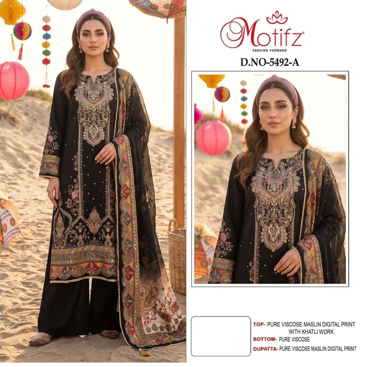Motifz D No 5492 Pure Viscose Muslin With Heavy Embroidery Work And Khatli Handwork Designer Dress Material Catalogue Wholesale Collection