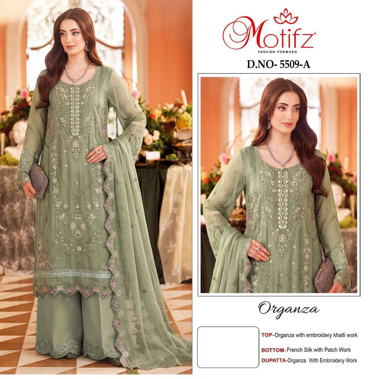 Motifz D No 5509 Pure Organza With Heavy Embroidery Work And Handwork Designer Dress Material Catalogue Wholesale Collection