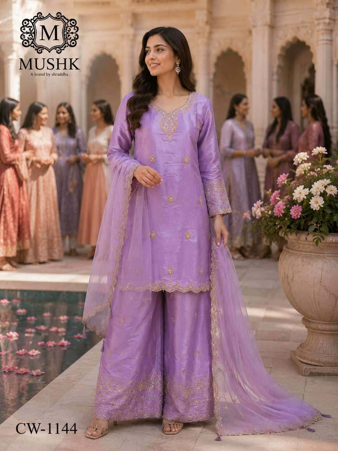 MUSHK 1144 ROMAN GLASS HEAVY EMBROIDERED READYMADE 3 PCS SET DEALER 