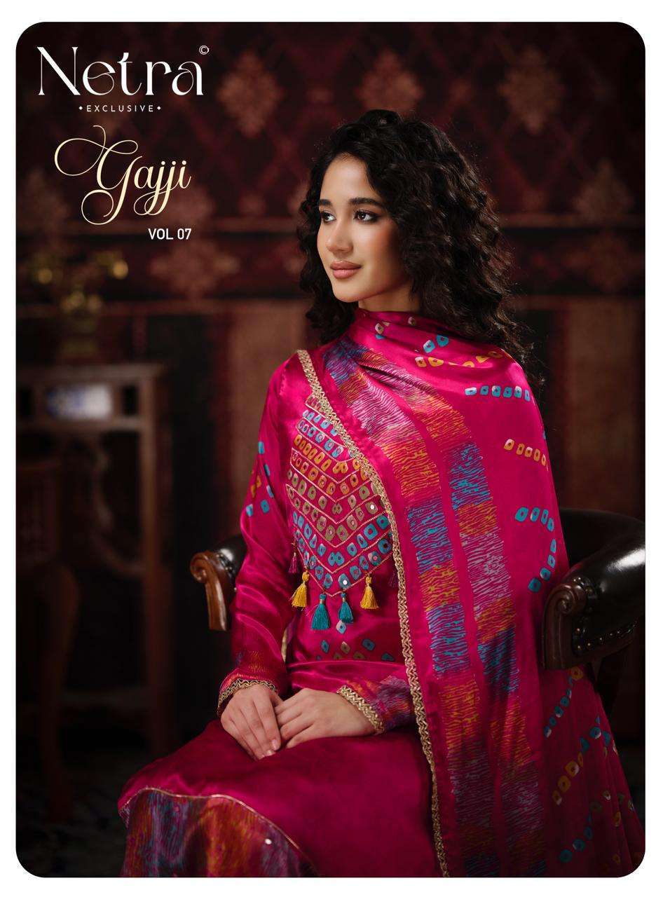 Netra Gajji Vol 7 Pure Gajji Silk Bandhani Suit Wholesale Catalogue