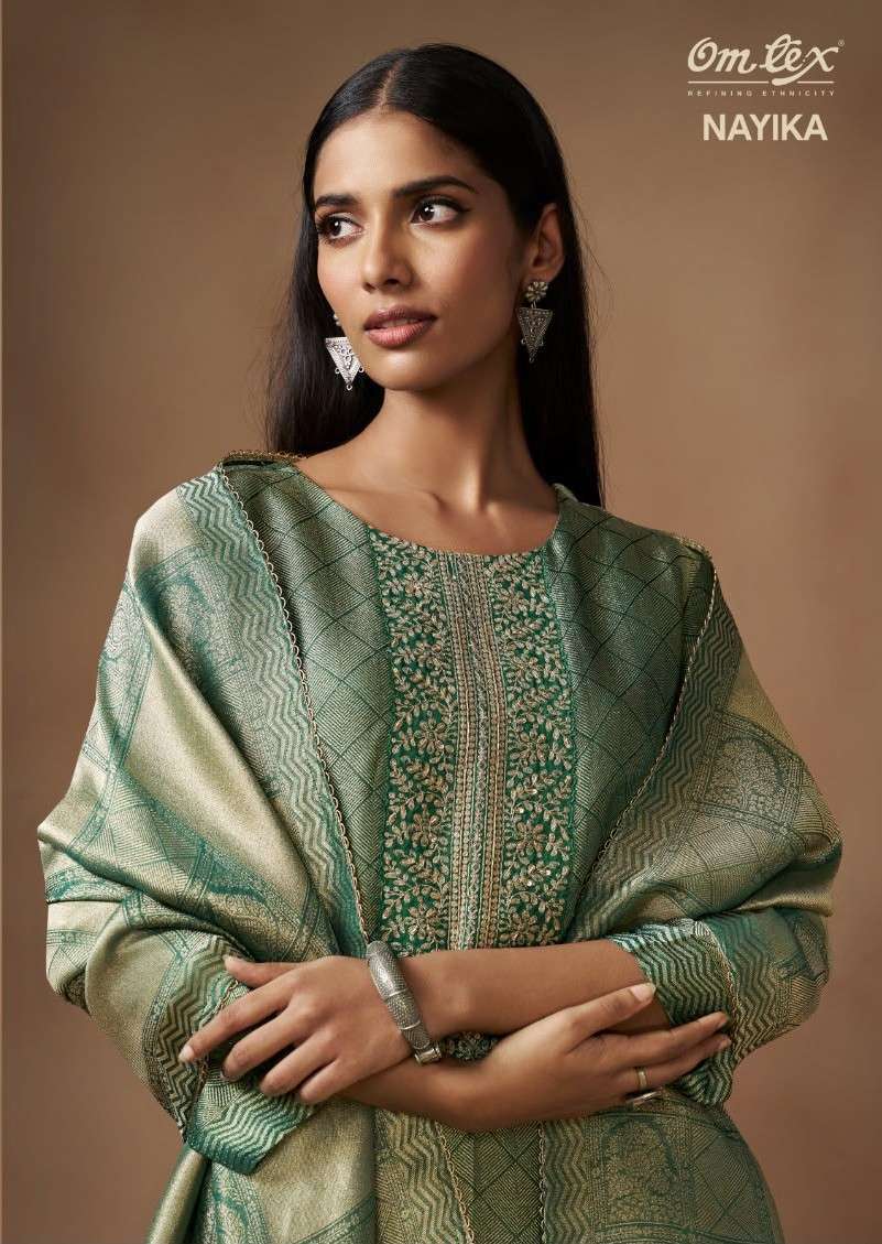 Omtex Nayika Pure Silk Jacquard With Heavy Embroidery Work And Swarovski Work Designer Dress Material Catalogue Wholesale Collection