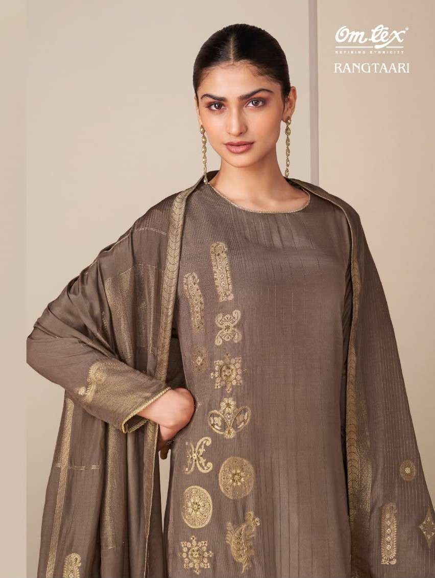 Omtex Rangtaari Pure Muslin Jacquard With Fancy Embroidery Work And Handwork Designer Dress Material Catalogue Wholesale Collection