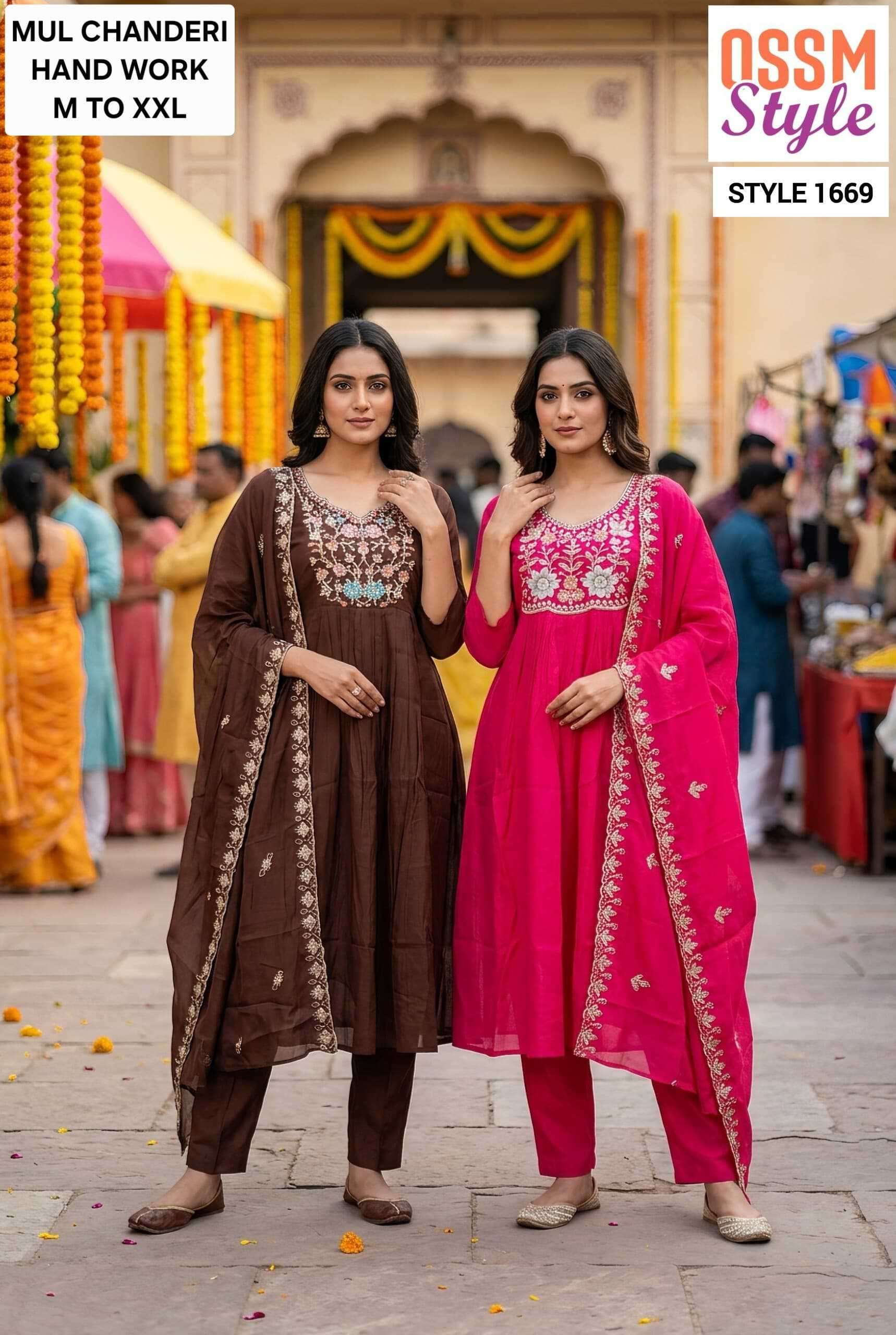 OSSM STYLE 1668 TO 1669 MAL CHANDERI PARTY WEAR SUIT WHOLESALER 