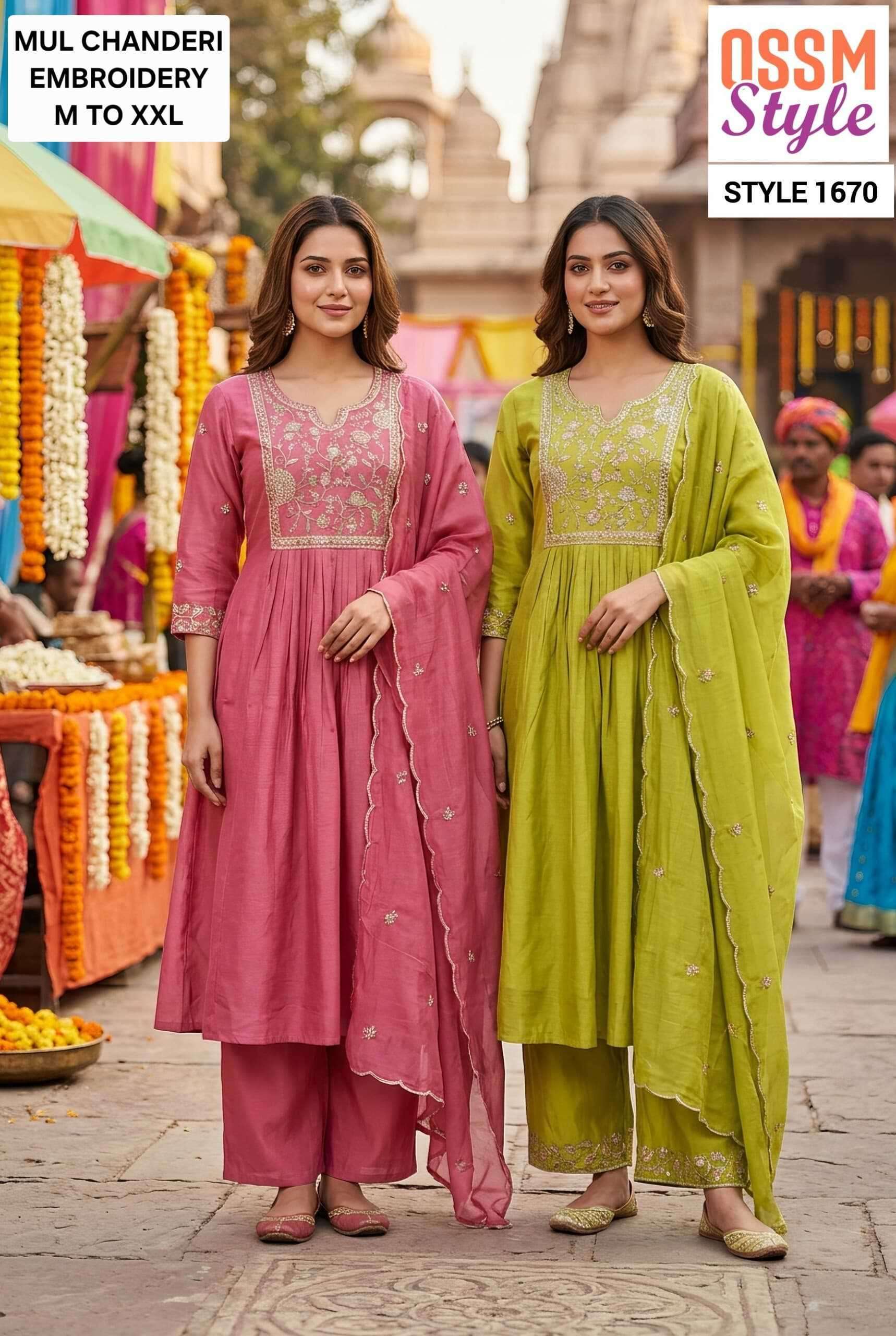 OSSM STYLE 1670 TO 1672 MAL CHANDERI READYMADE SALWER KAMEEZ BEST RATE DEALER 