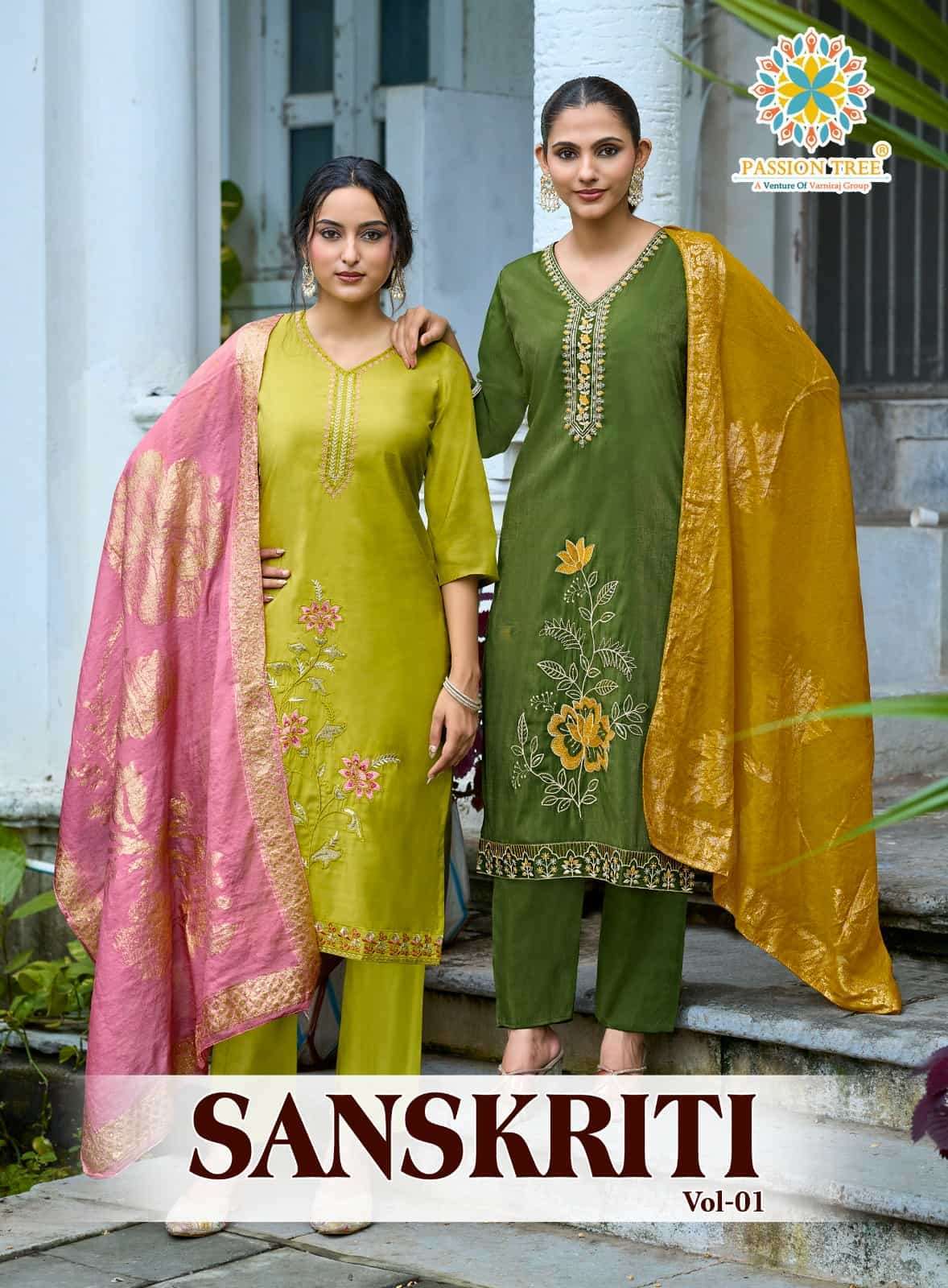 PASSION TREE SANSKRITI VOL 1 ROMAN SIMMER SILK JACQUARD EMBROIDERED READYMADE 3 PCS SET WHOLESALER 