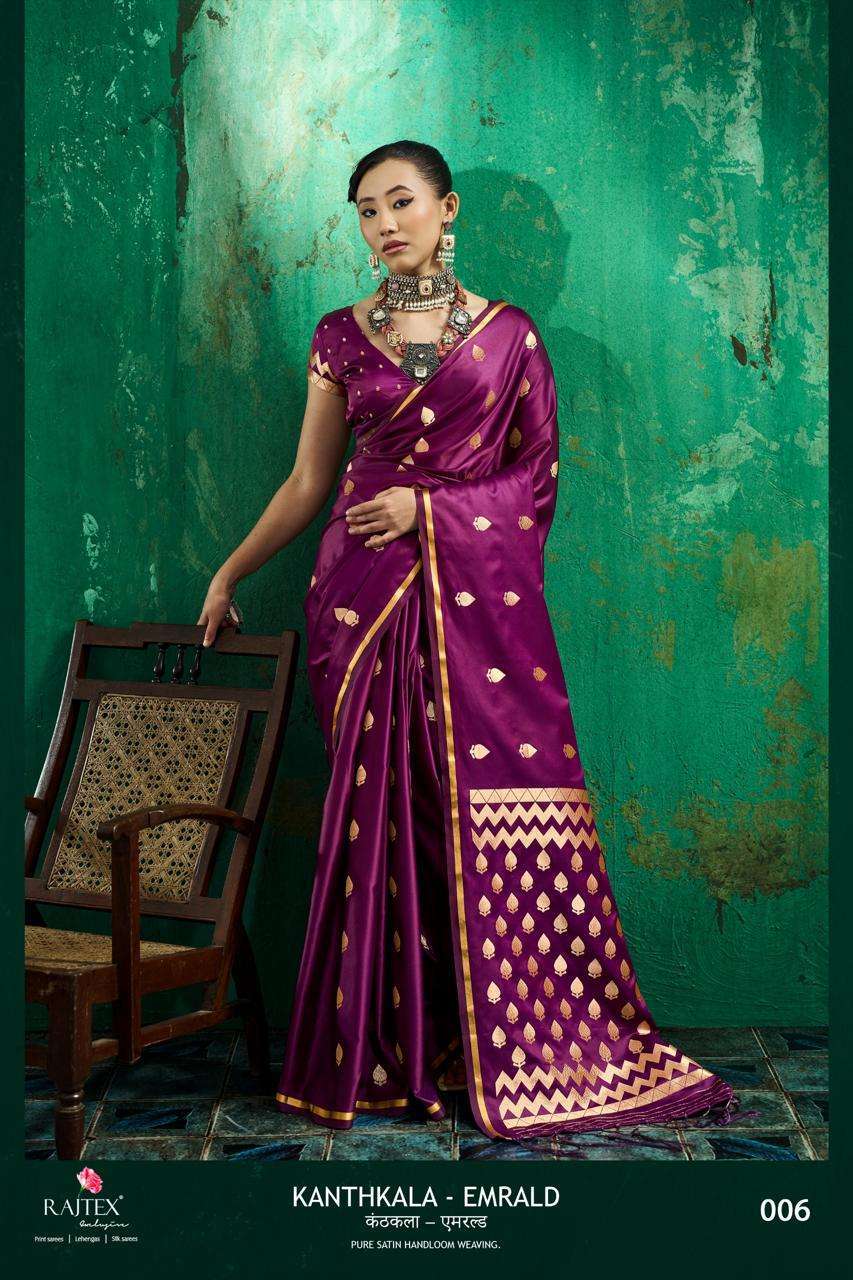 Rajtex Kanthkala Emerald 001 To 006 Pure Satin Handloom Weaving Banarasi Silk Heavy Pallu Festive Wedding Saree Catalogue Wholesale Collection