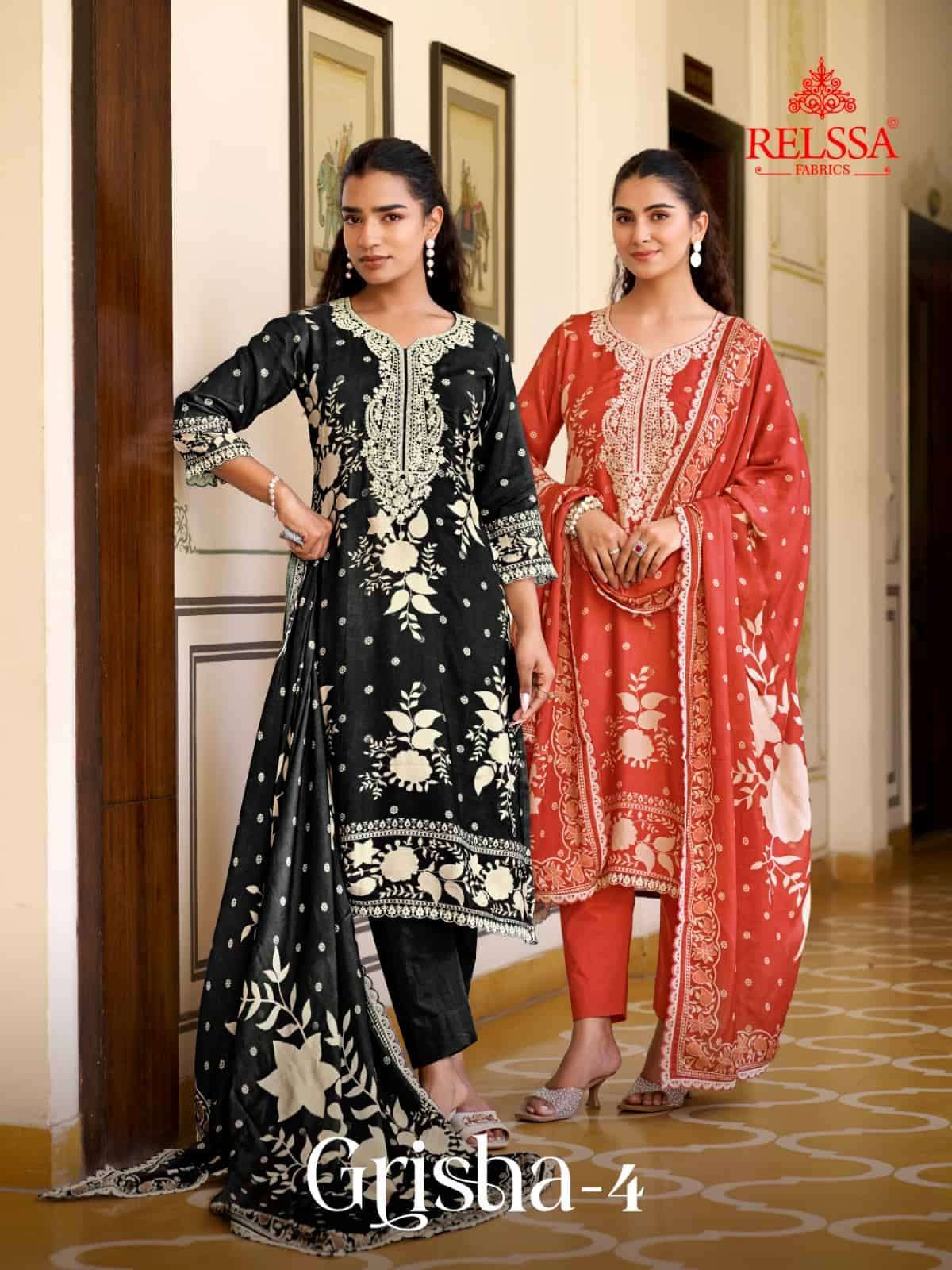 Relsaa Fabrics Grisha Vol 4 Pure Muslin Silk Fancy Handwork Designer Suits Wholesale Surat