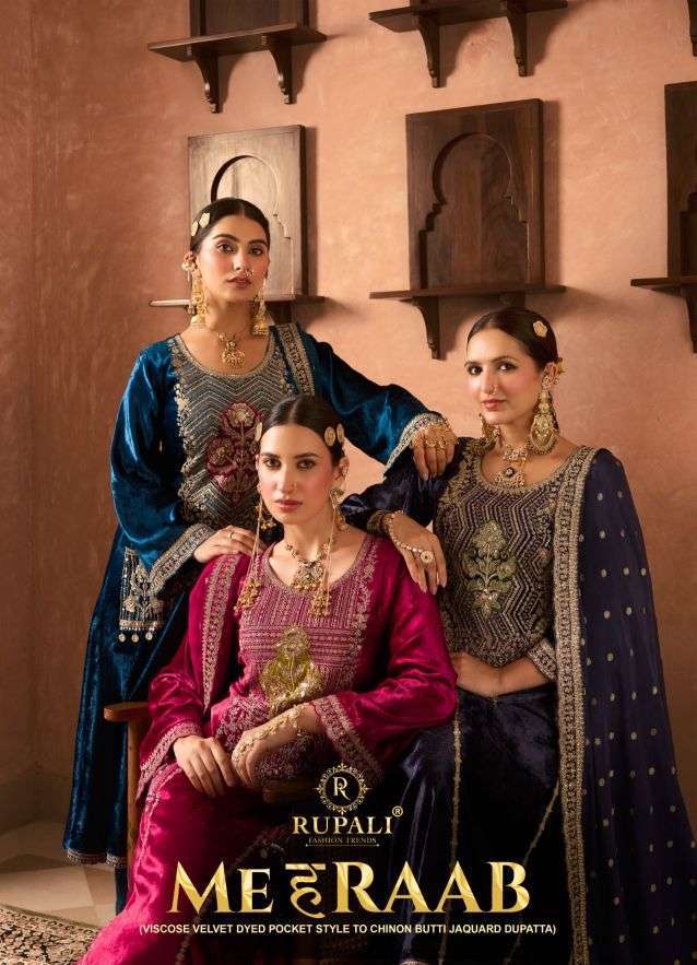 Rupali Fashion Mehraab Pure Velvet 9000 With Heavy Embroidery And Khatli Handwork Designer Dress Material Catalogue Wholesale Collection