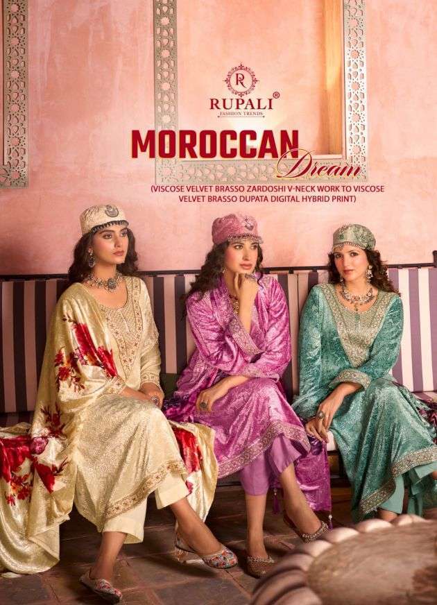 Rupali Fashion Moroccan Viscose Velvet Printed Ladies Suit Wholesale Collection