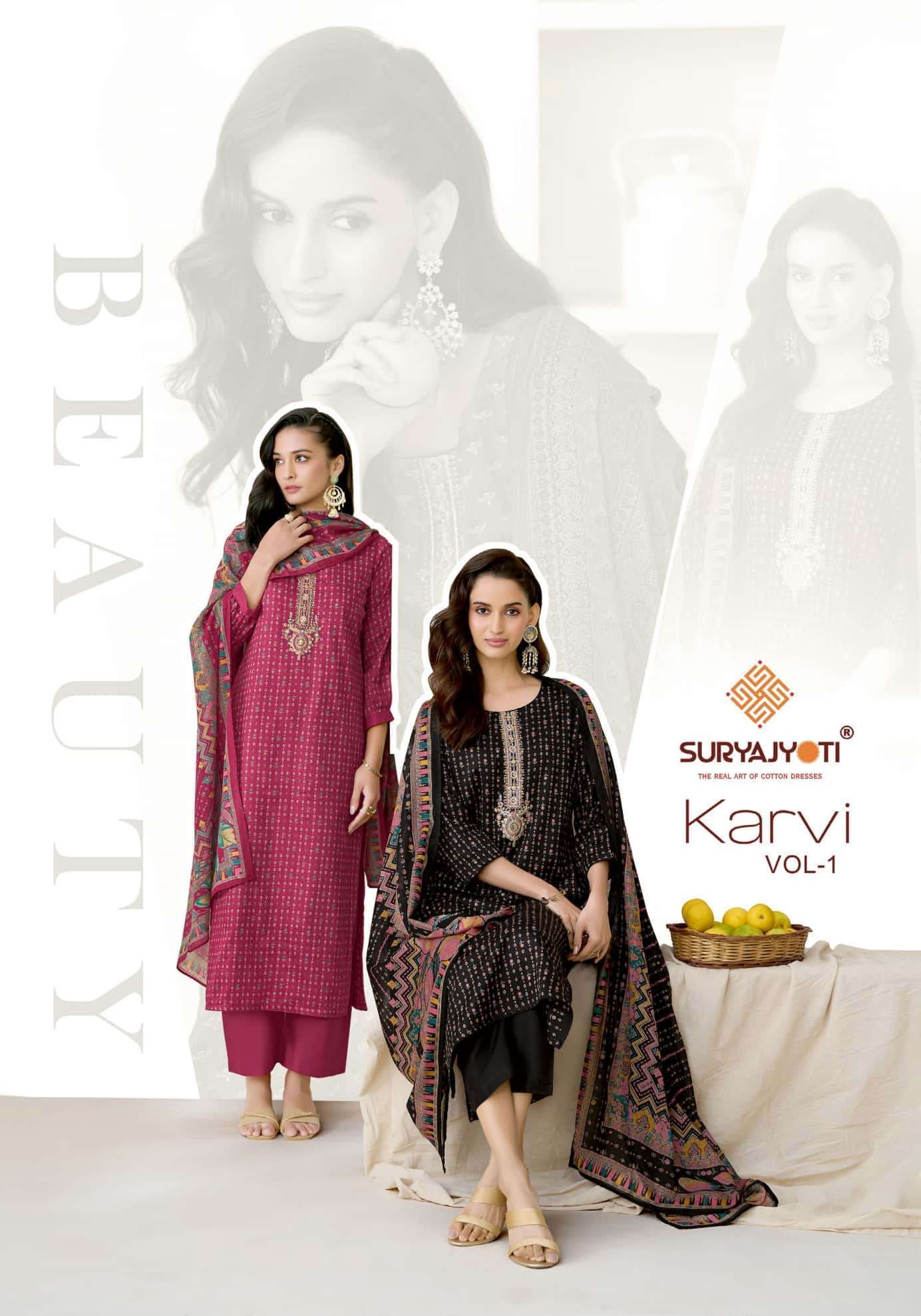 Suryajyoti Karvi Vol-1 Jaam Satin Dress Material Collection