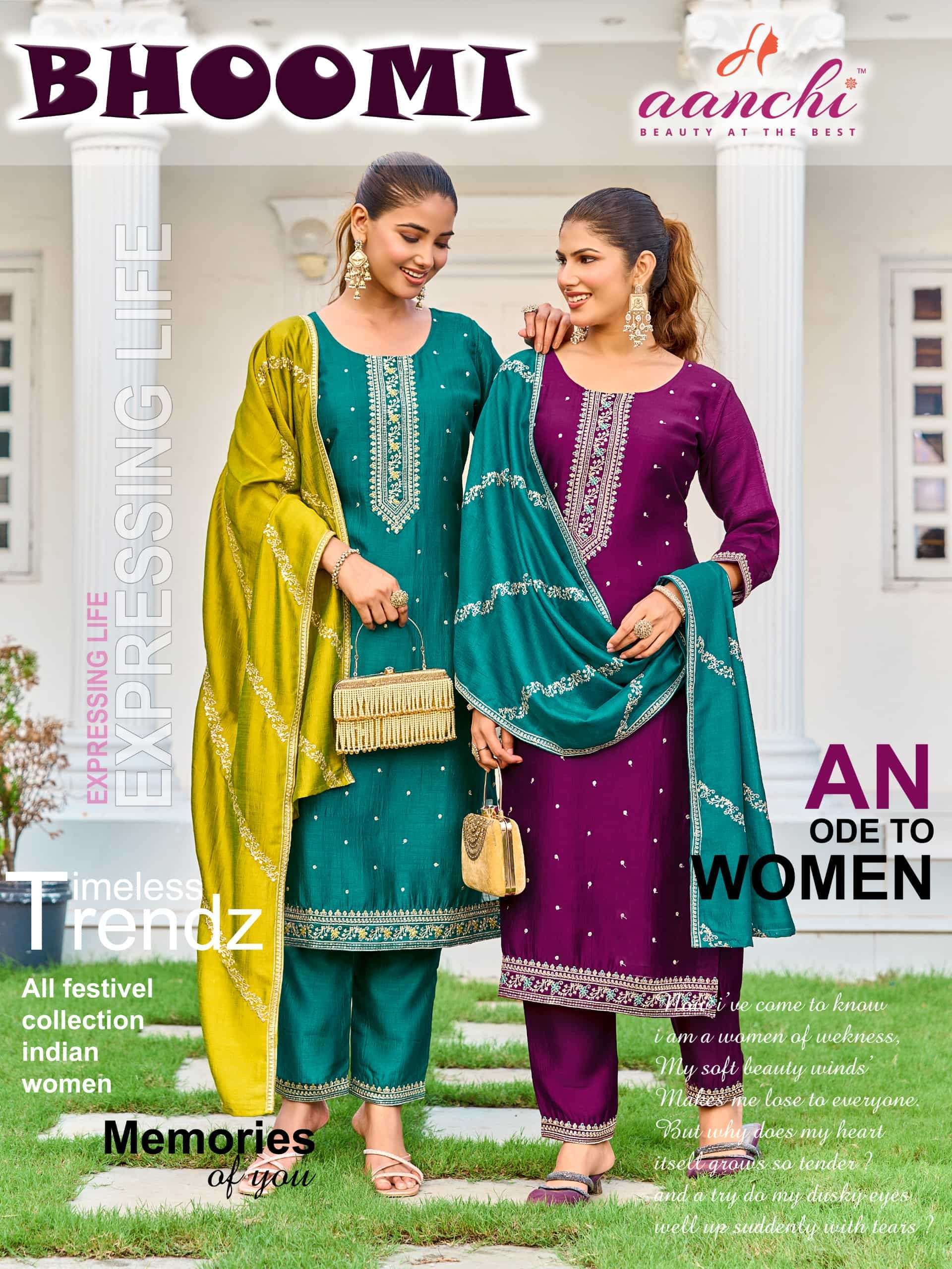 Aanchi Bhoomi Designer Kurti Pant Dupatta Wholesale Catalogue