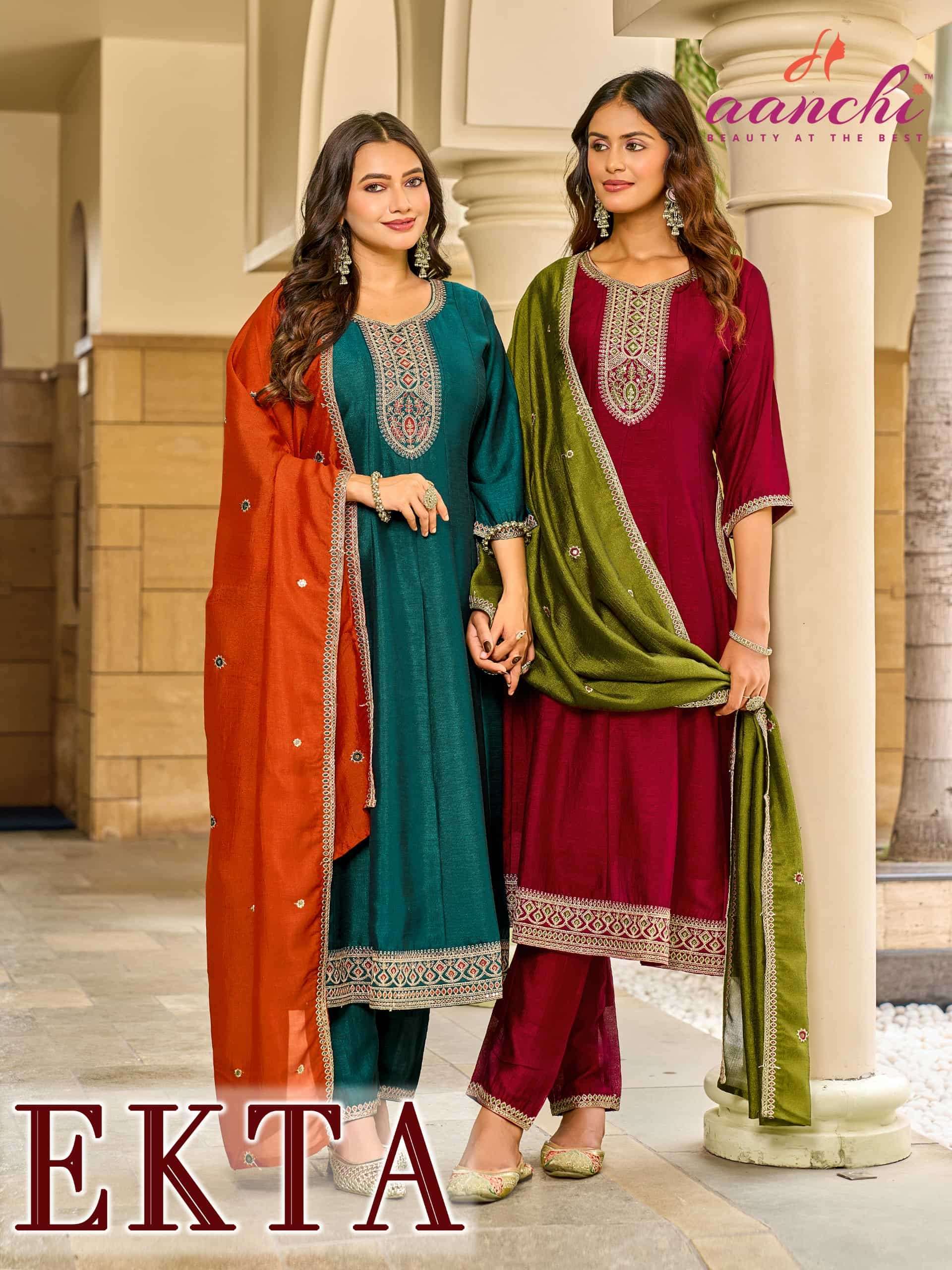 Aanchi Ekta Fancy Silk Anarkali Style 3 Piece Suit Wholesale Catalogue