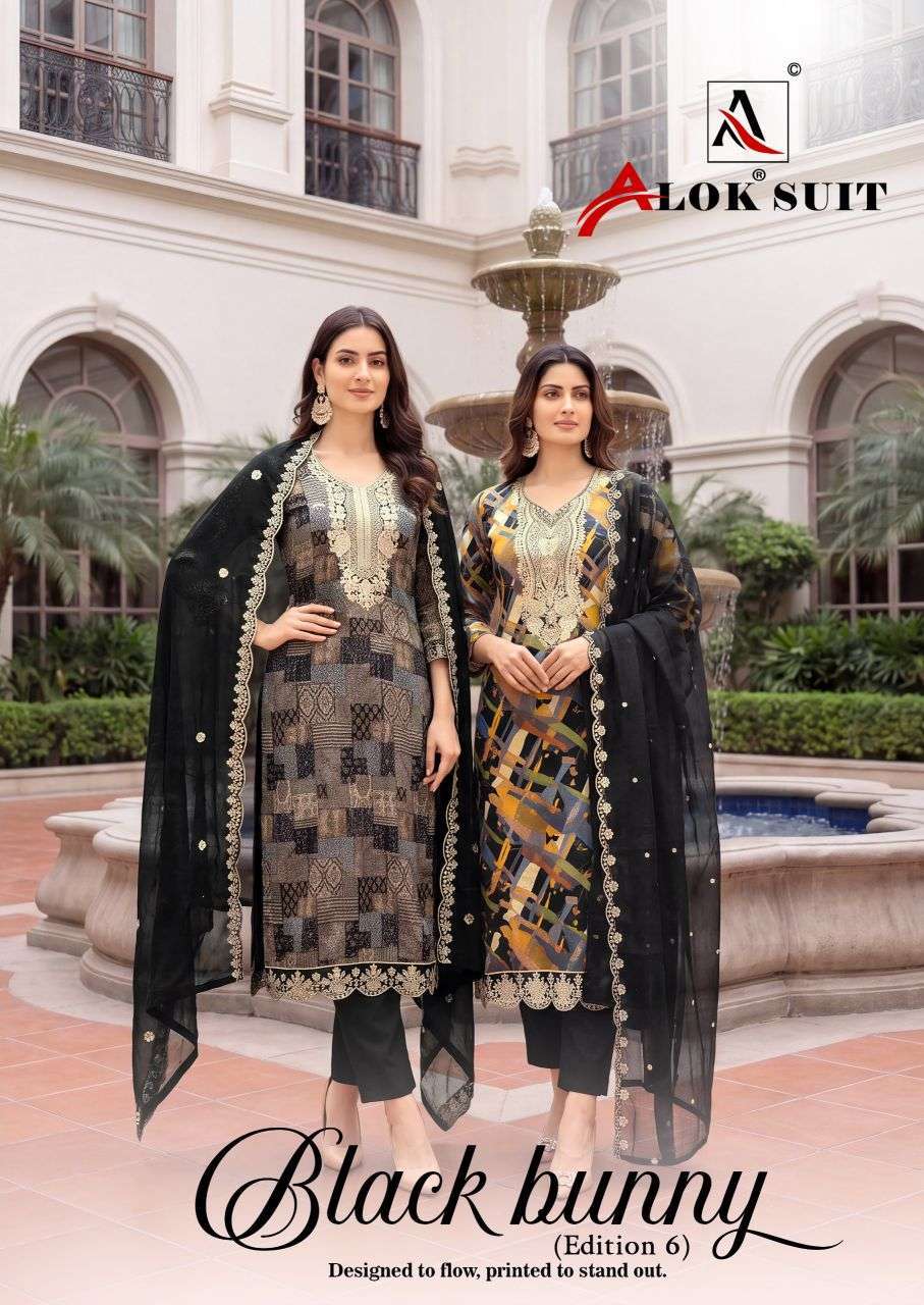 Alok Suit Black Bunny Vol-6 Rayon Fancy Embroidered Wholesale Catalogue