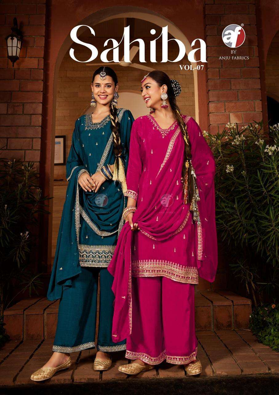 Anju Fabric Sahiba Vol-7 Chinon Fancy Embroidered Readymade Catalogue