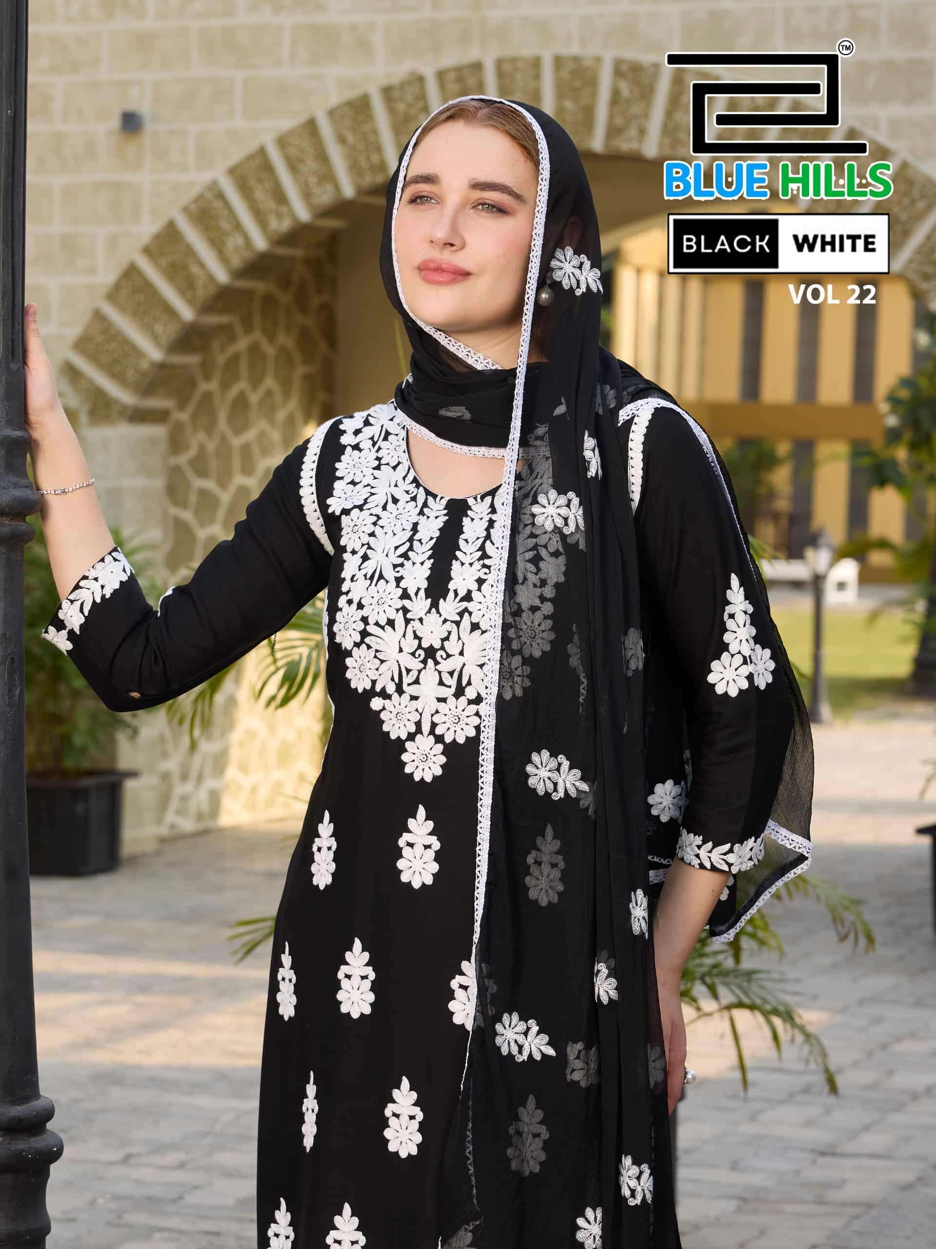 Blue Hills Black And White Vol 22 Premium Rayon 3 Pec Palazzo Sets