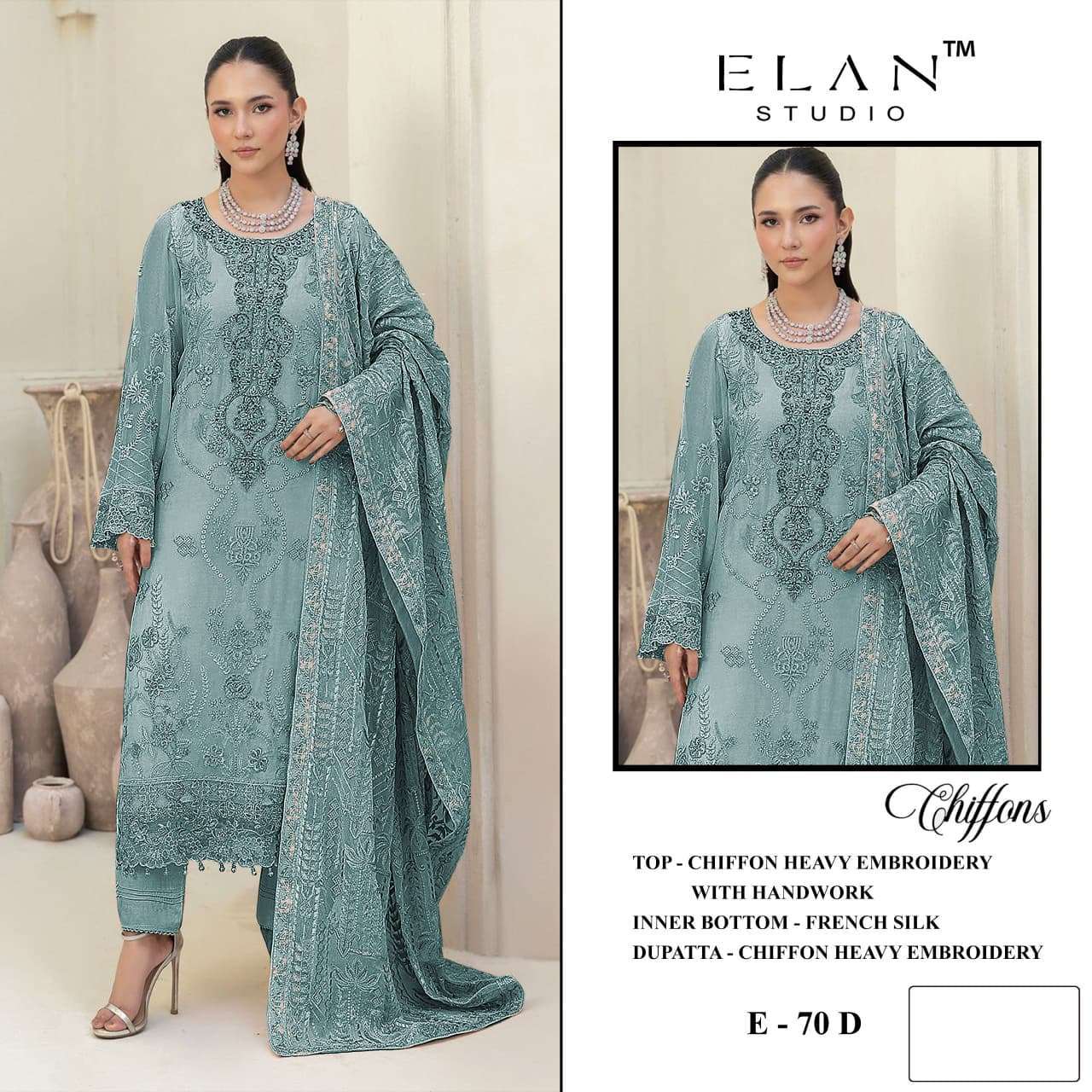 Elan Studio E 70 Abcd Pakistani Chiffon Salwar Suit Wholesaler